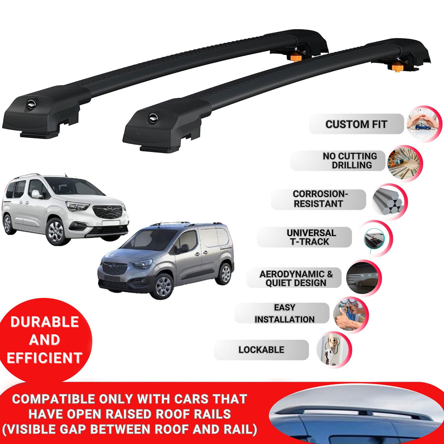 Roof Bar for Opel Combo Life 2019+ Lockable Roof Rack Cross Bars 2 Pcs Black