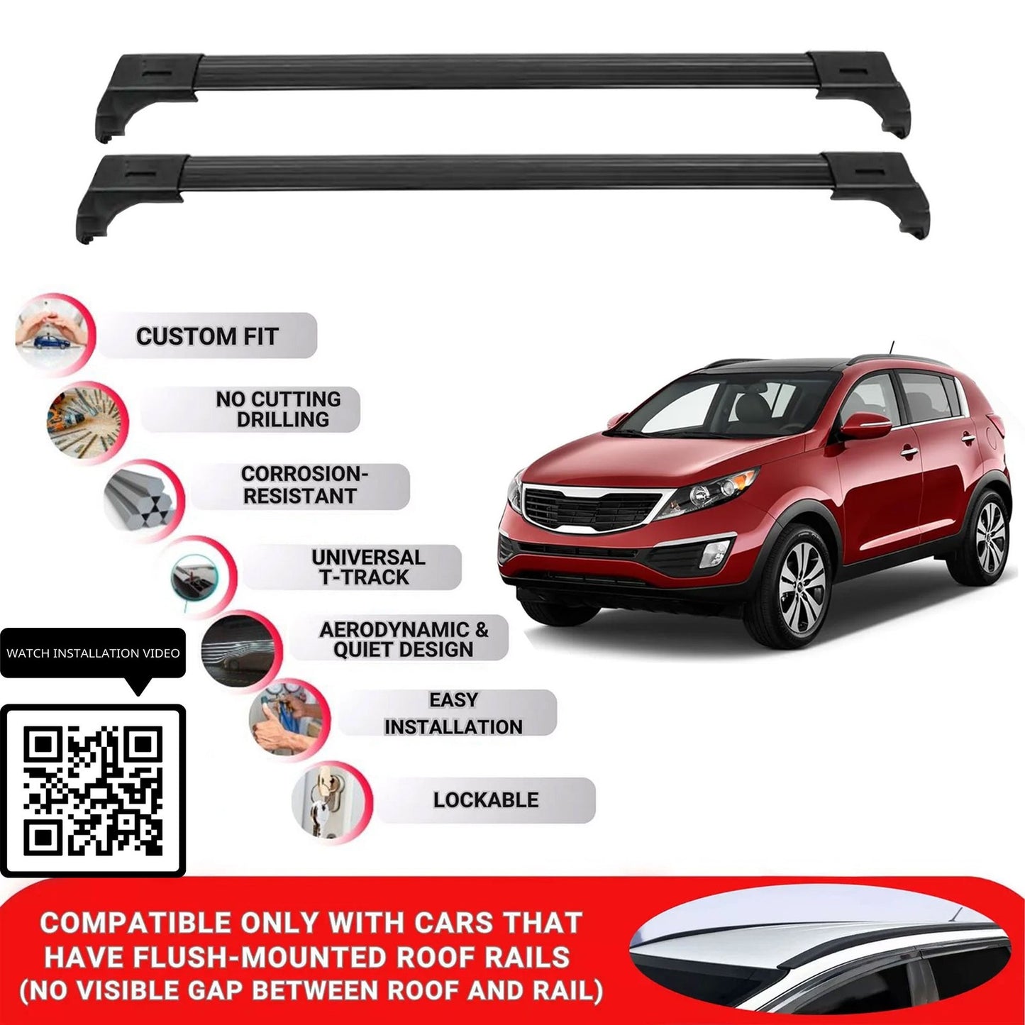 Roof Bars for Kia Sportage 2010-2016 Lockable Roof Rack Cross Bars 2 Pcs Black