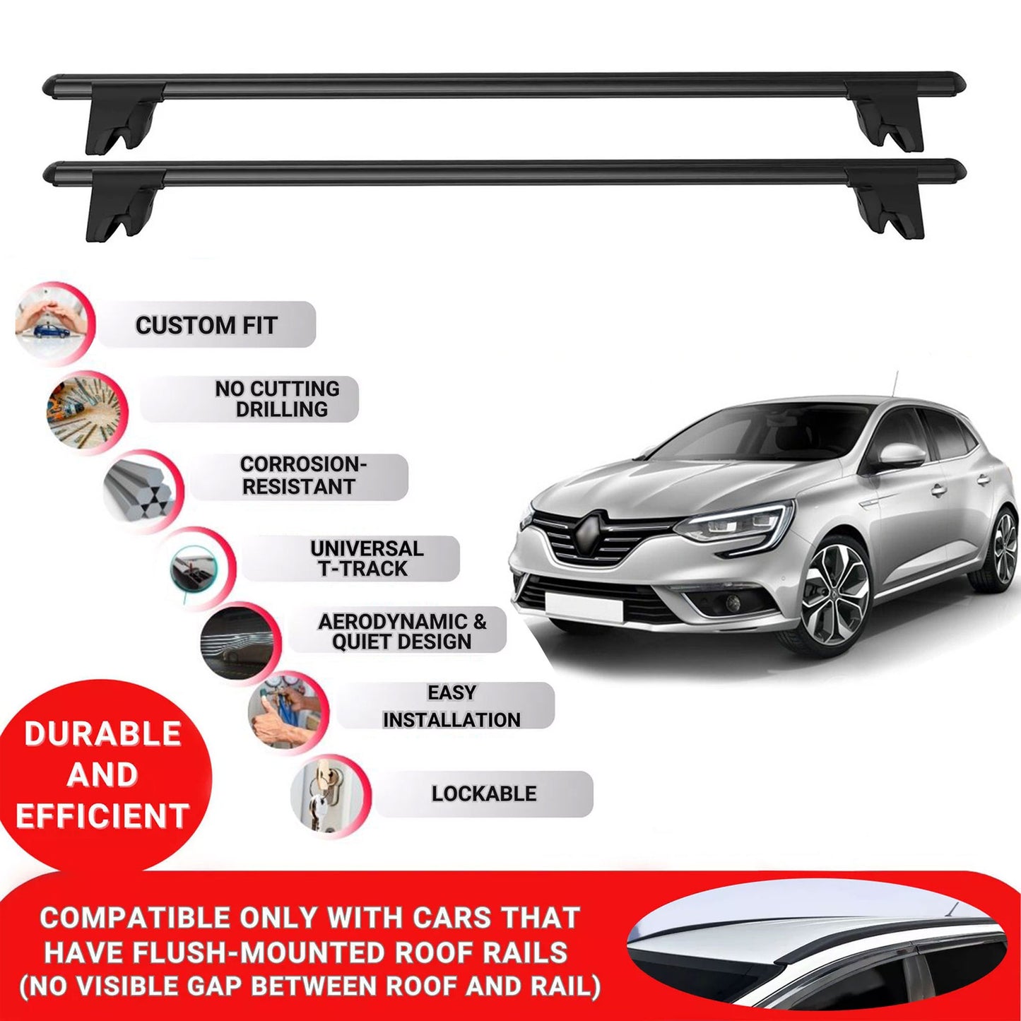 Premium Roof Bars for Renault Megane G.tour 2017-2023 Roof Rack Cross Bars 2 Pcs Black