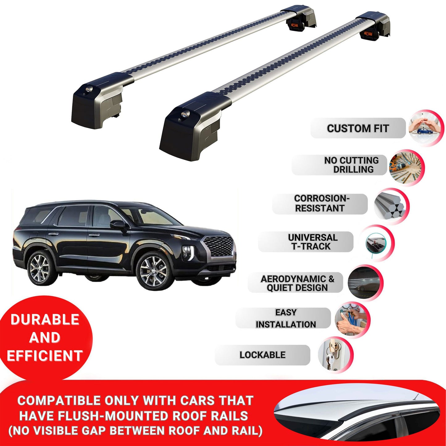 Roof Bars Rack for Hyundai Palisade (LX2) 2020 + Lockable Rail Carrier 2 Pcs Grey