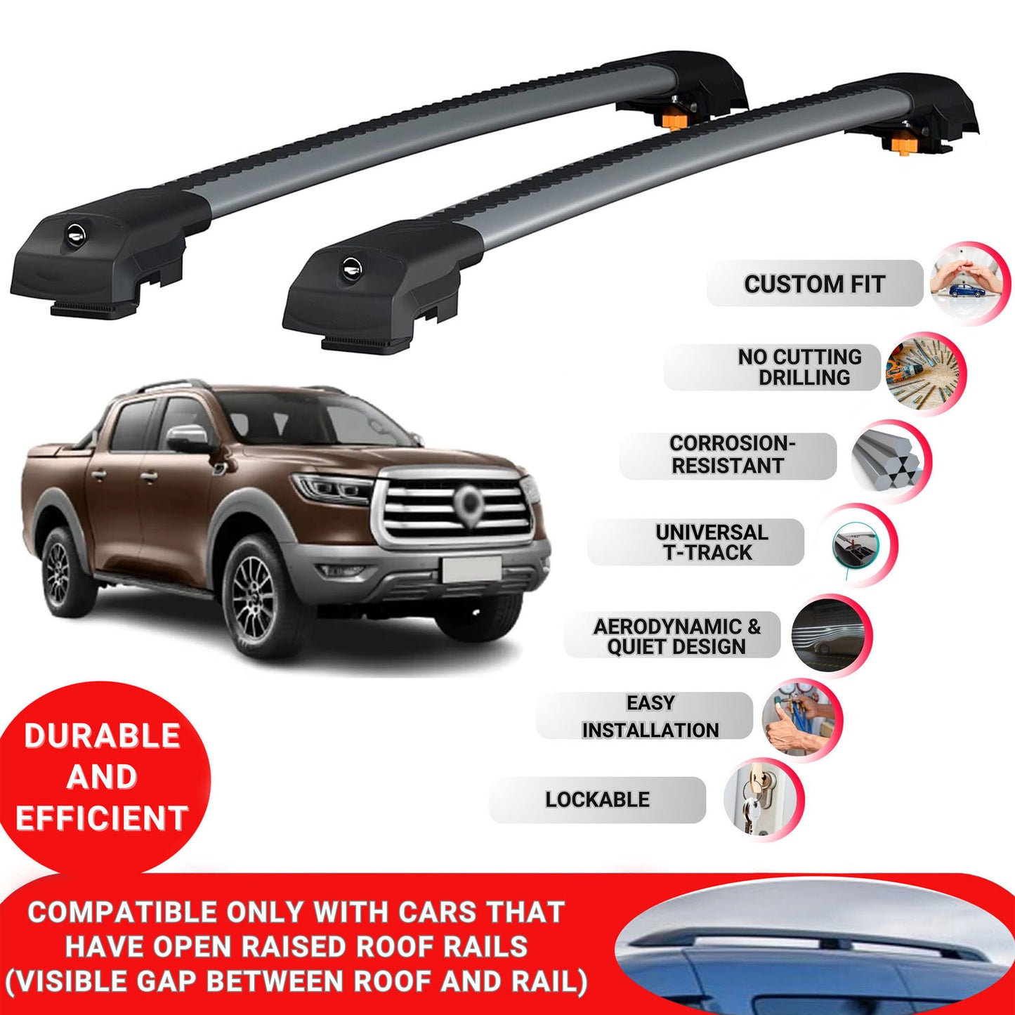 Roof Bar for Great Wall Poer 2019-2024 Lockable Roof Rack Cross Bars 2 Pcs Grey