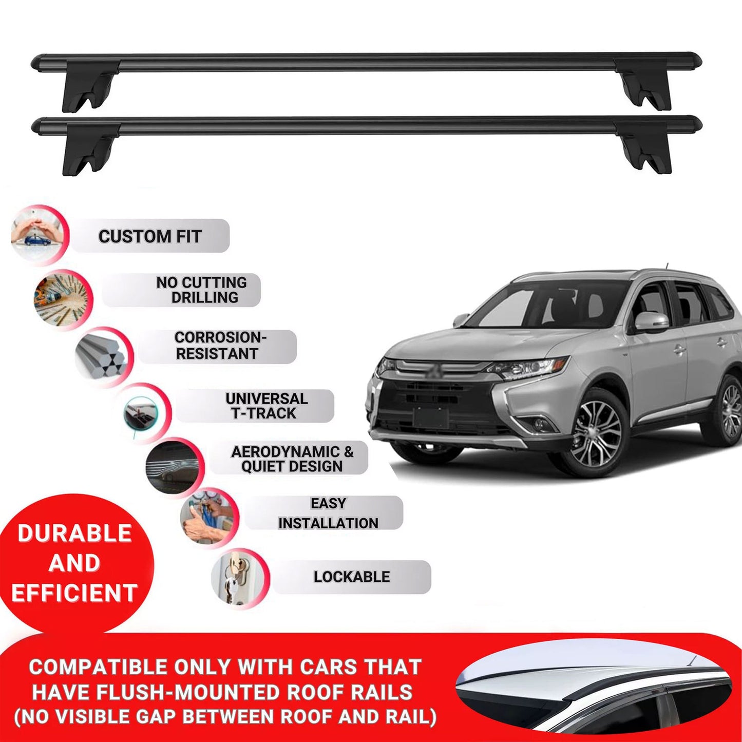 Premium Roof Bars for Mitsubishi Outlander 2013-2020 Roof Rack Cross Bars 2 Pcs Black