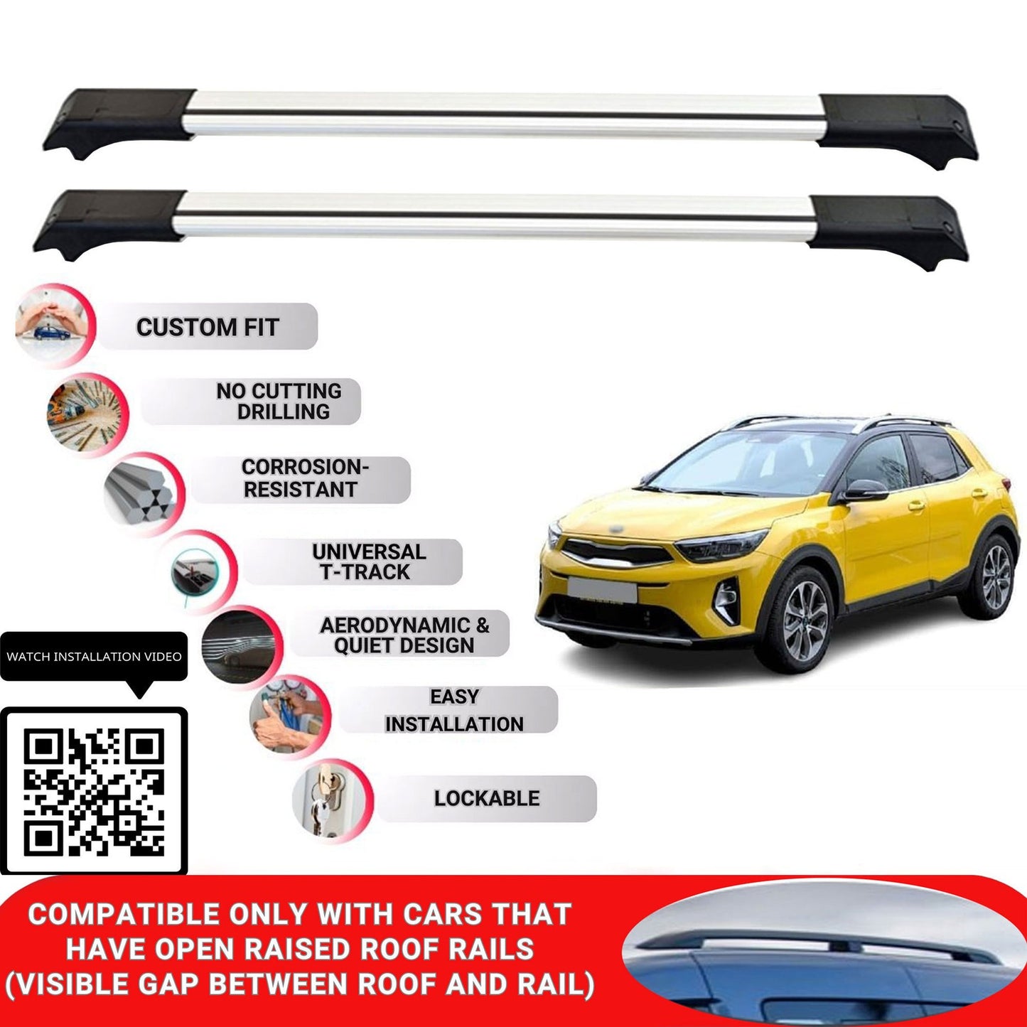 Roof Rack Cross Bars for Kia Stonic 2017 Onwards Lockable Roof Bars 2 Pcs Grey