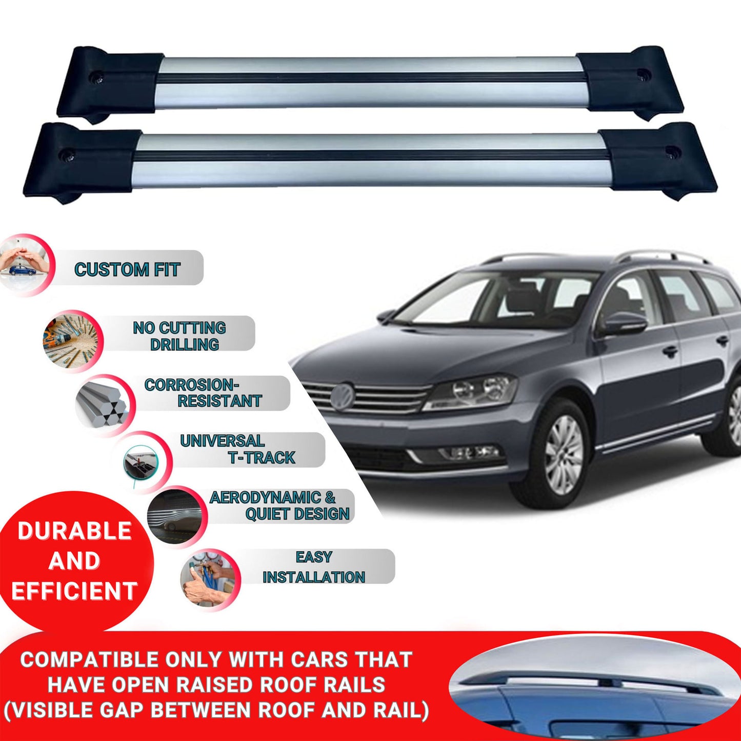 Roof Racks Cross Bars For Vw Passat B7 Sw 2010-2015 2 Pcs Grey