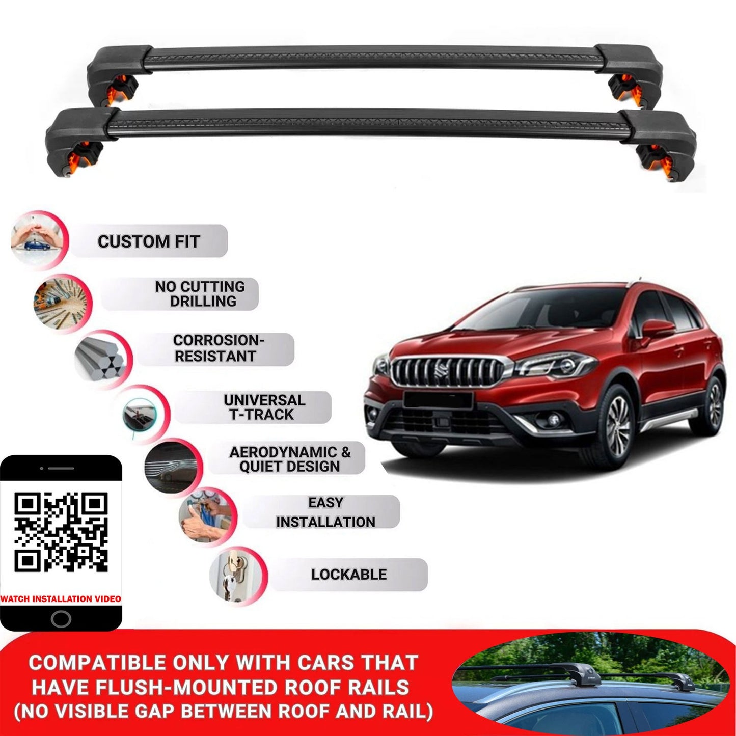 Premium Roof Bars For Suzuki Sx4 S-Cross Hb2014+ Secure Roof Rack Cross Bar 2 Pcss Black