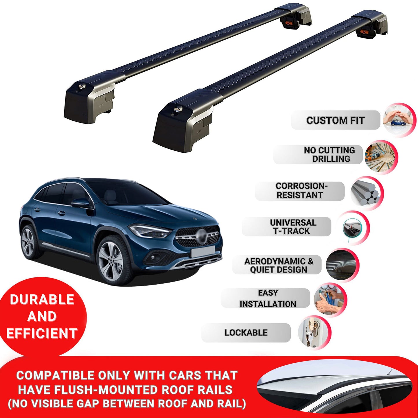 Roof Bars Rack for Mercedes-Benz Gla-Class H247 2020 Lockable Rail Carrier 2 Pcs Black