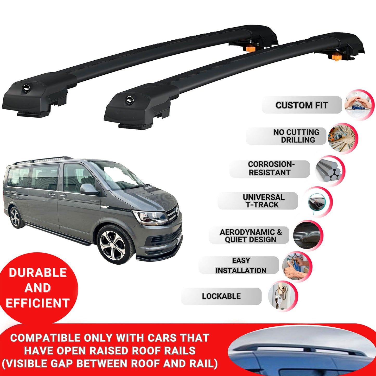 Roof Bar for Volkswagen Shuttle T6 2016-2024 Lockable Roof Rack Cross Bars 2 Pcs Black