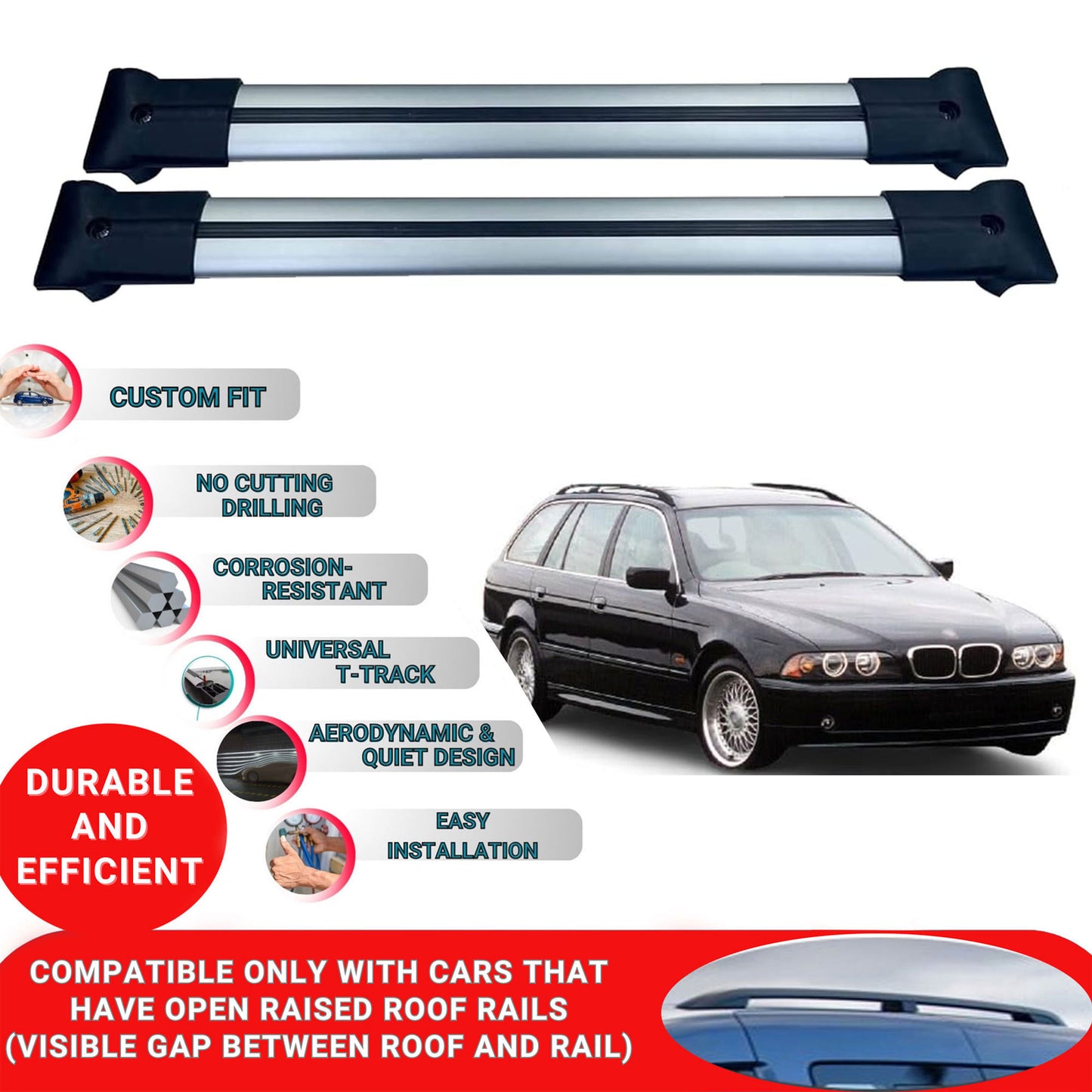 Roof Racks Cross Bars For Bmw 5 Series Estate/Touring E39 1995-2003 2 Pcs Grey