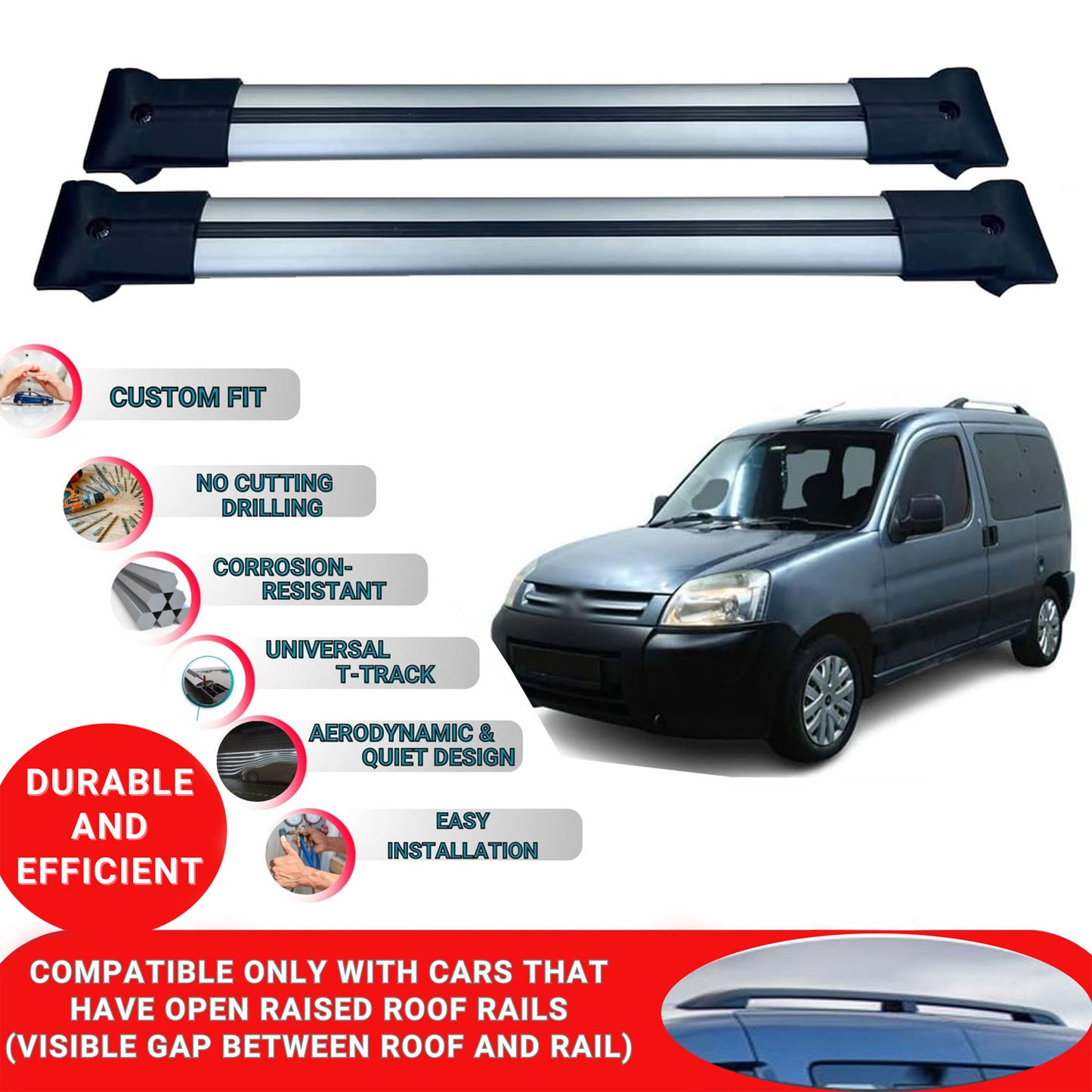 Roof Racks Cross Bars For Citroen Berlingo 1996-2008 4 Pcs Grey