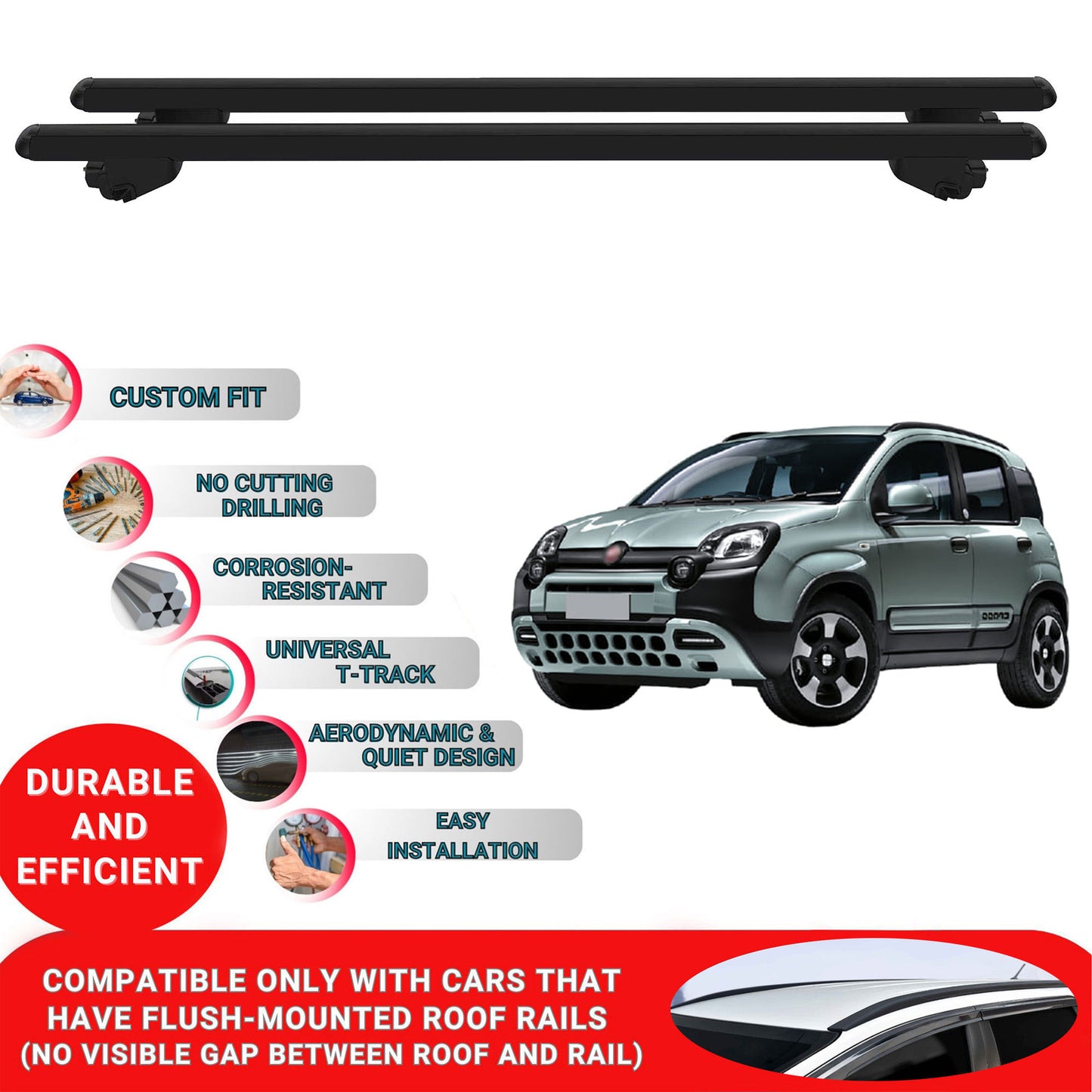 Roof Bars For Fiat Panda MK4 2012-2023 Roof Rack Cross Bars 2 Pcs Black