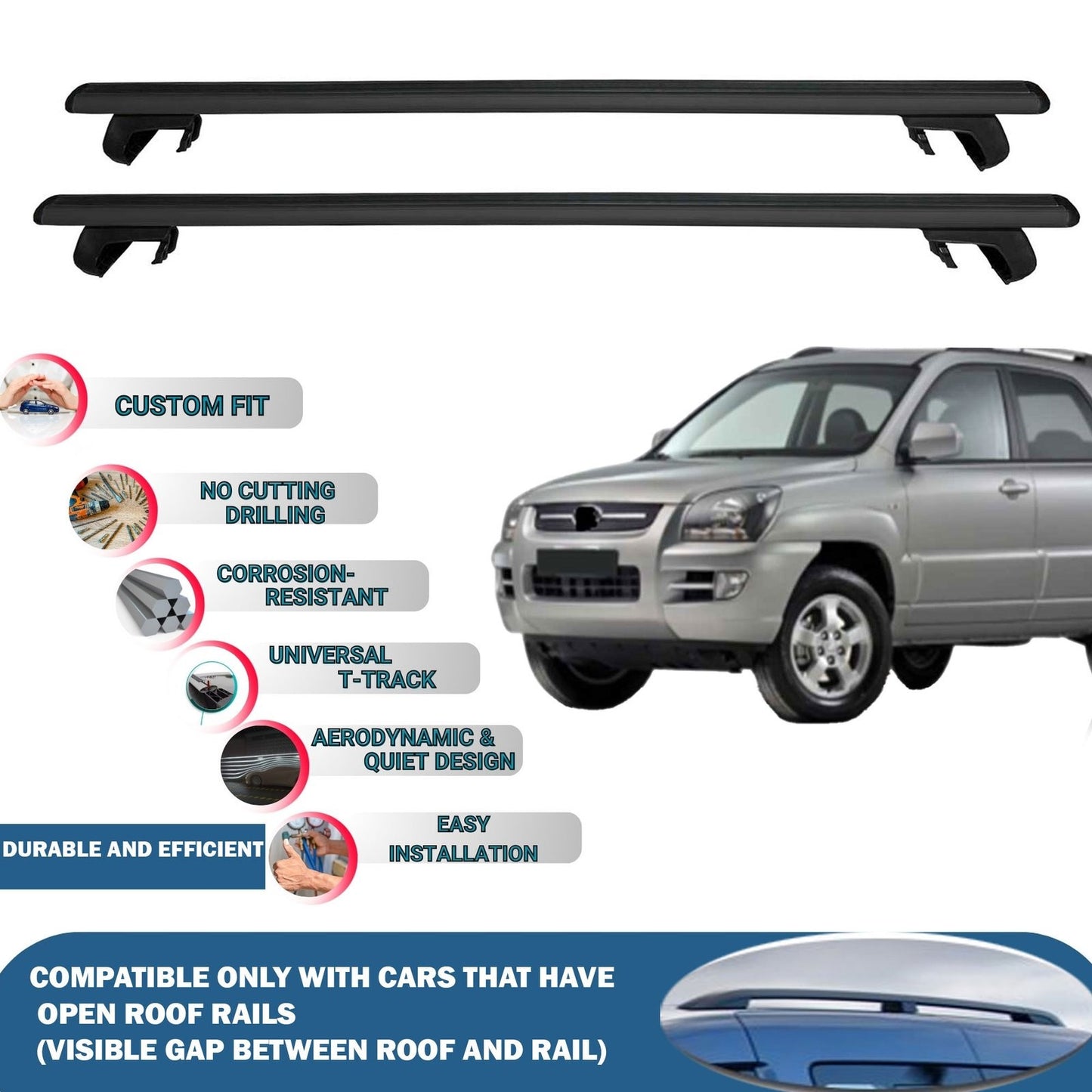 Roof Rack Cross Bars for Kia Sportage Je/KM 2005-2010 Rail Carrier for Roof Tents 2 Pcs Black
