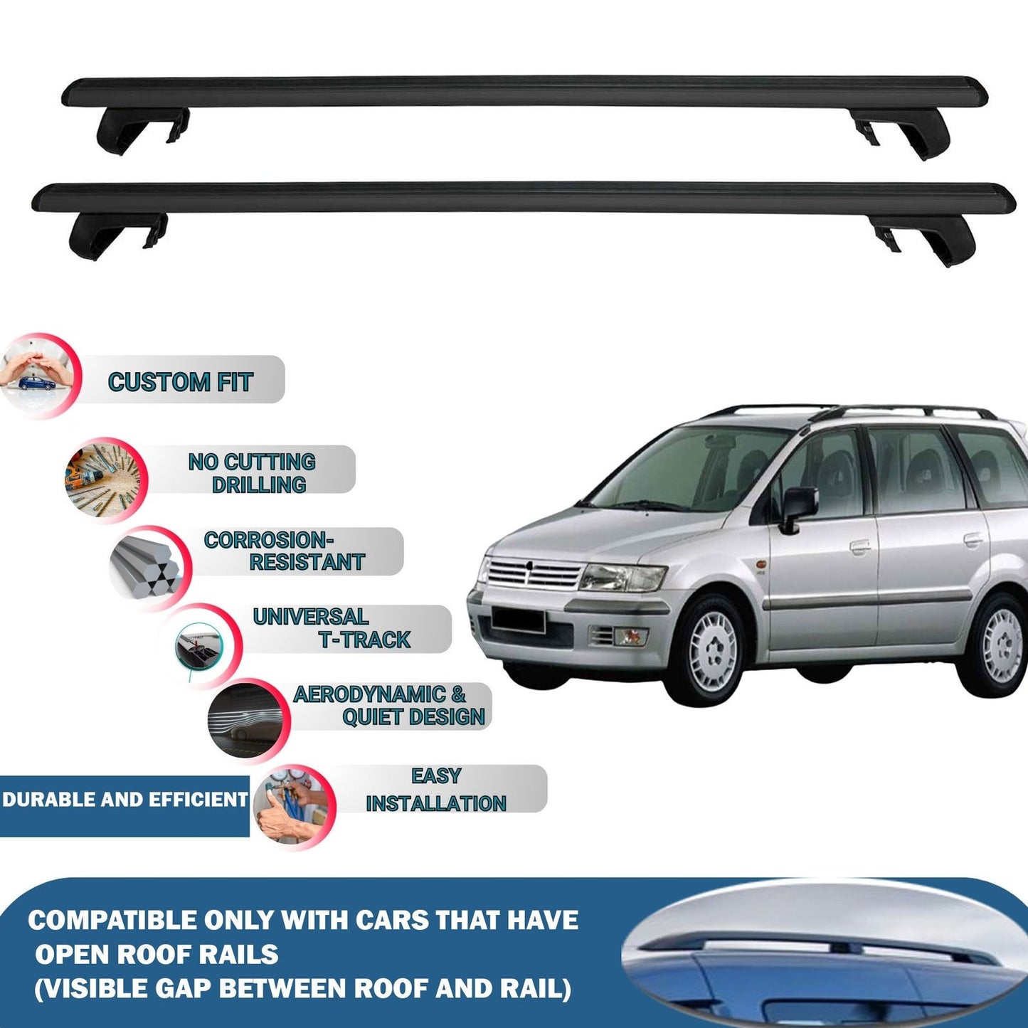 Roof Rack Cross Bars for Mitsubishi Space Wagon 1998-2004 Rail Carrier for Roof Tents 2 Pcs Black