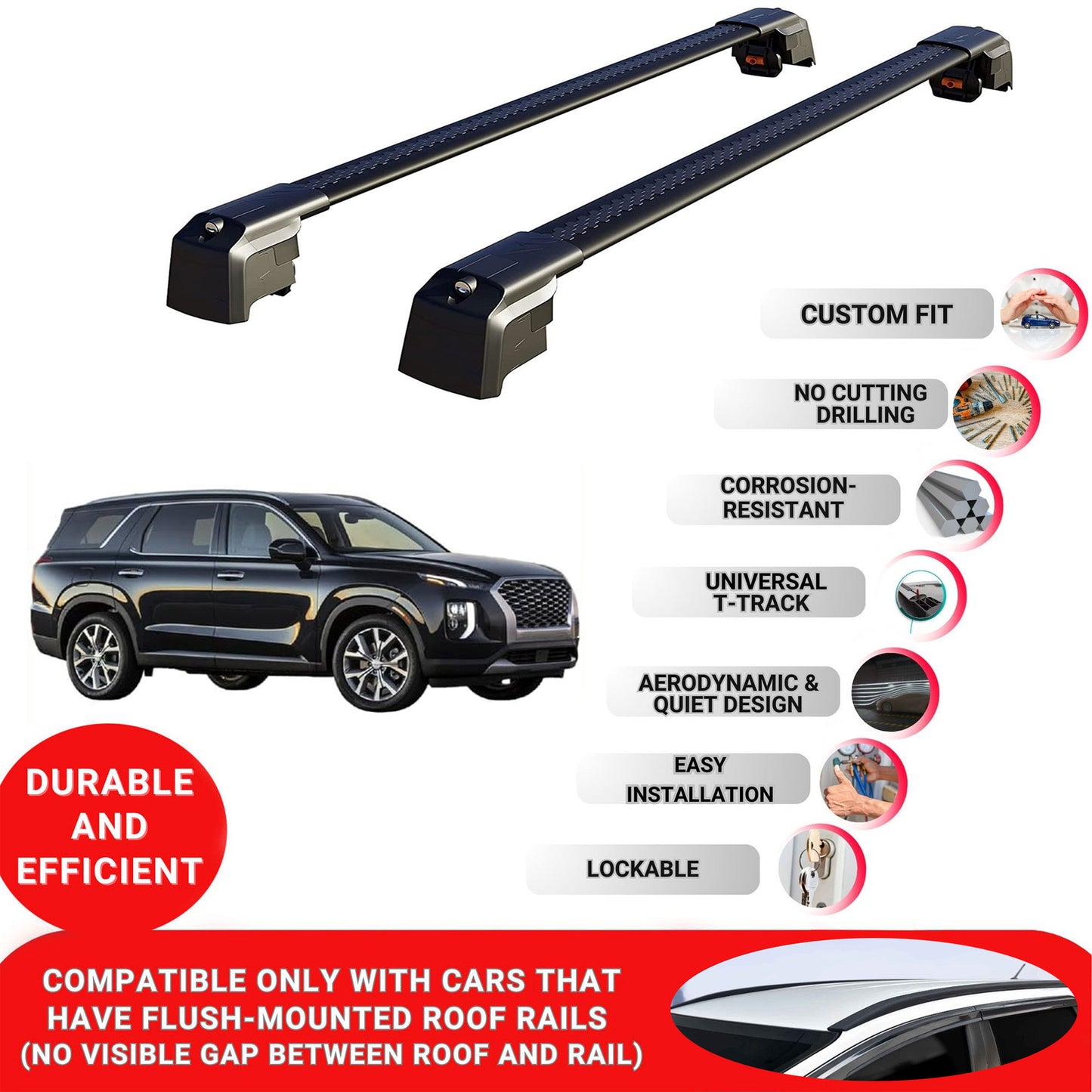Roof Bars Rack for Hyundai Palisade (LX2) 2020 + Lockable Rail Carrier 2 Pcs Black