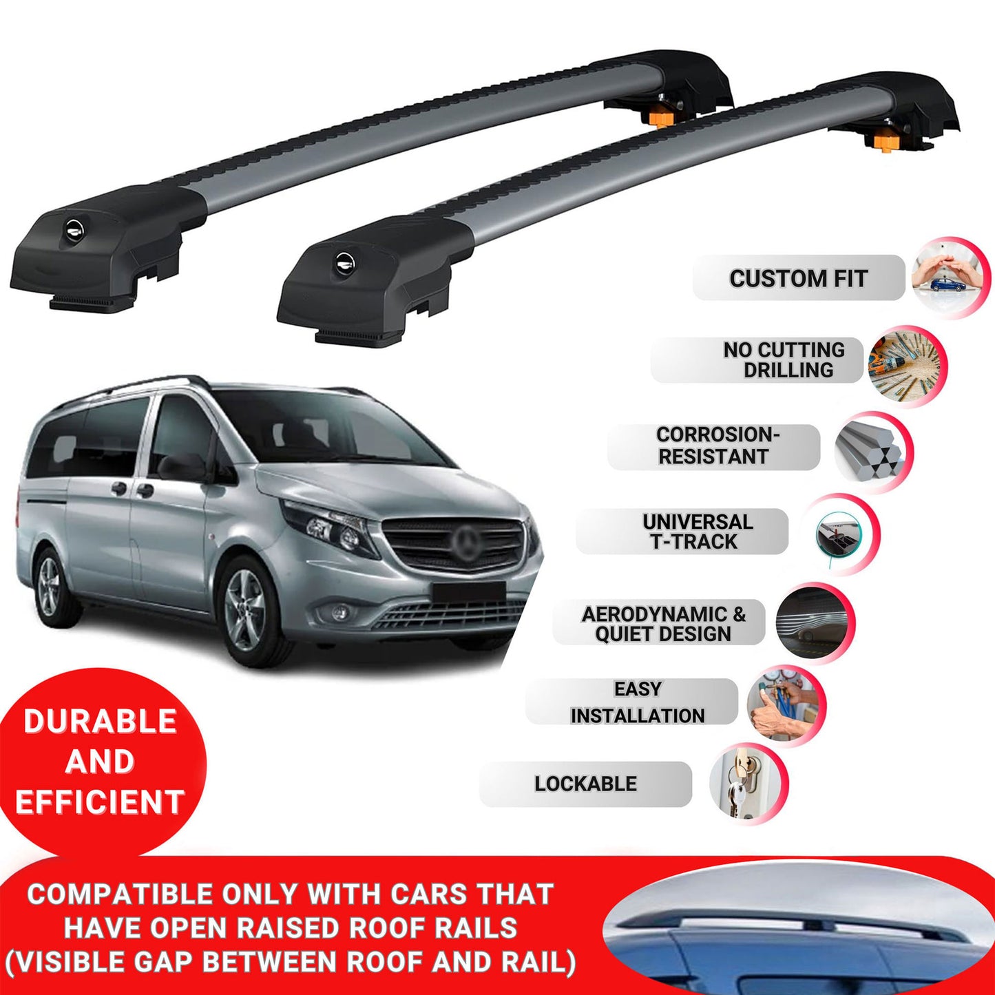 Roof Bar for Mercedes V-Class W447 2015-2024 Lockable Roof Rack Cross Bars 2 Pcs Grey