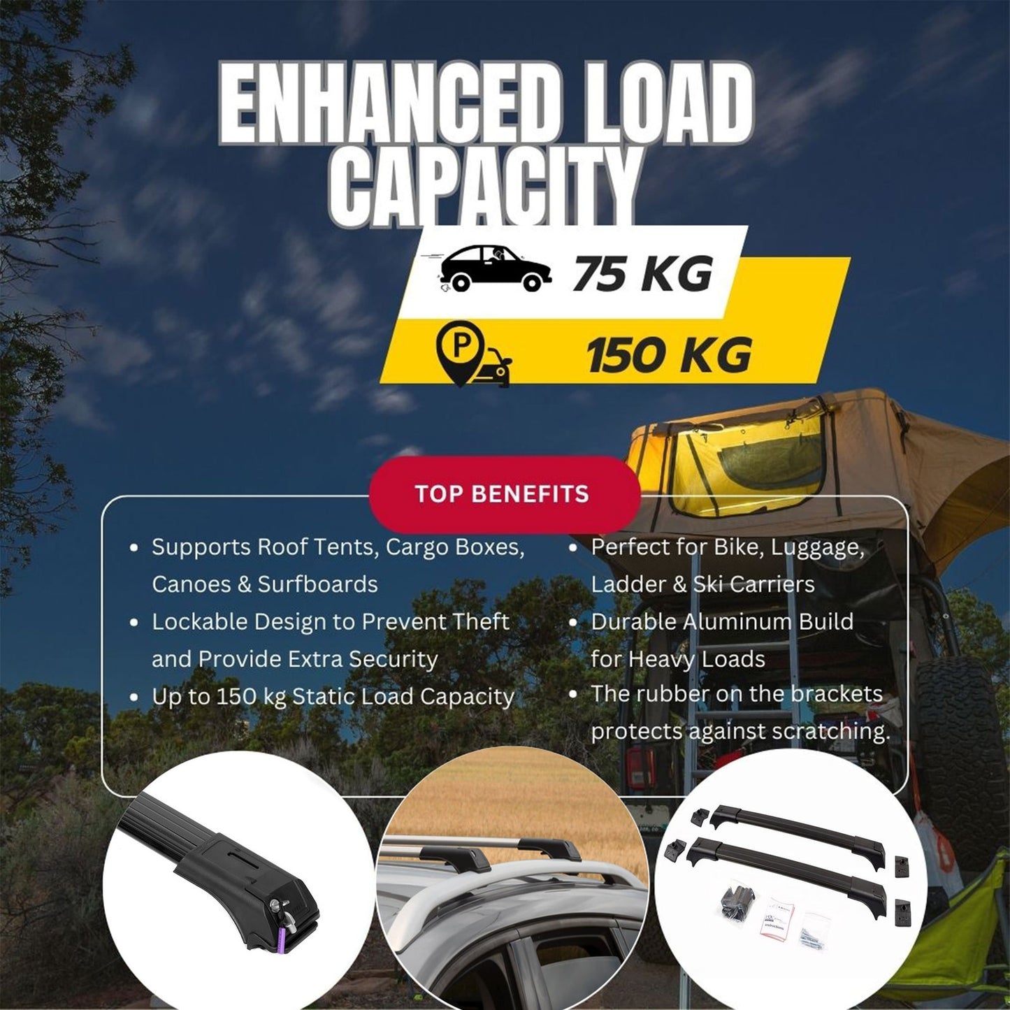 Roof Rack Cross Bars for Subaru Crosstrek 2023+ Lockable Roof Bars 2 Pcs Black