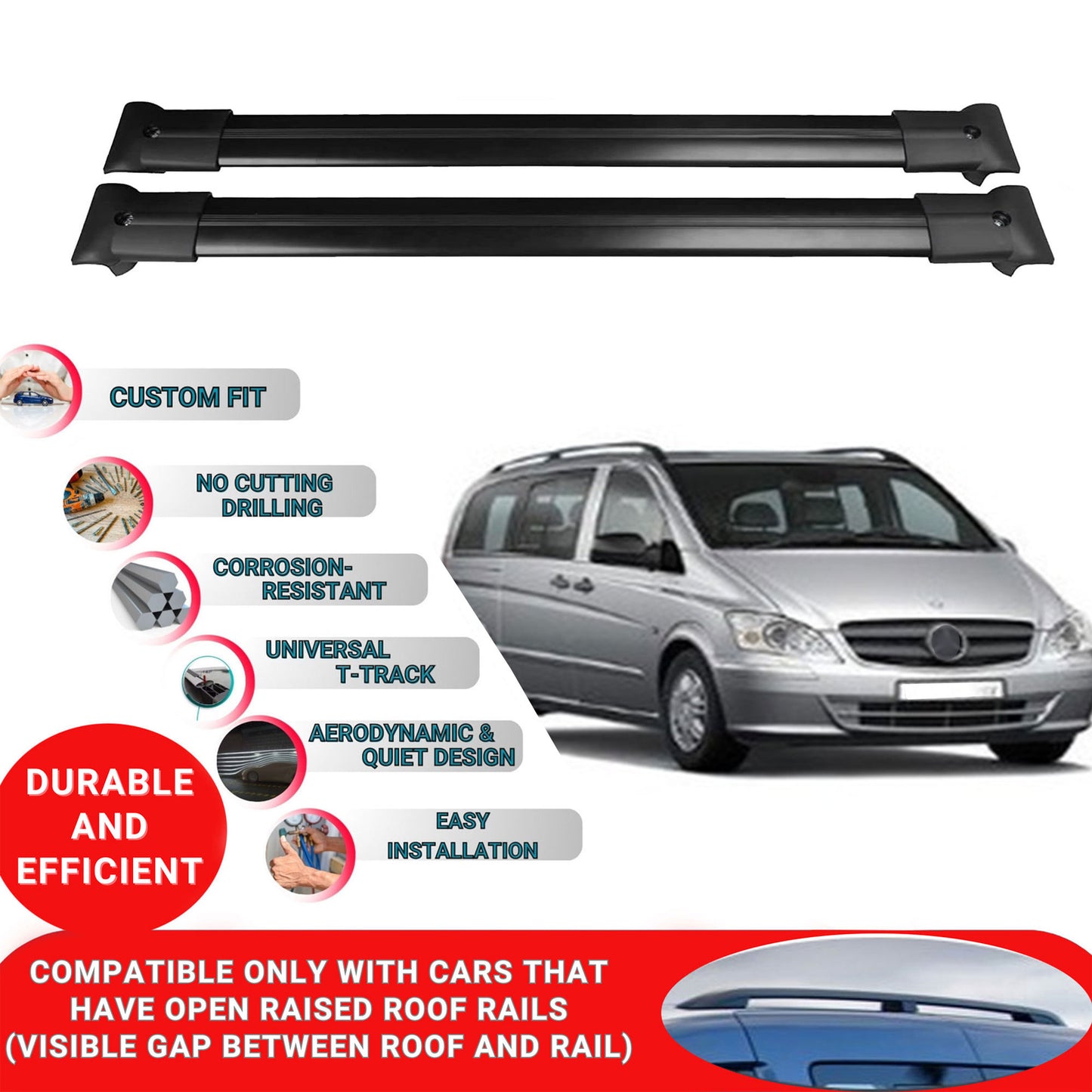 Roof Racks Cross Bars For Mercedes Viano 2003-2013 2 Pcs Black
