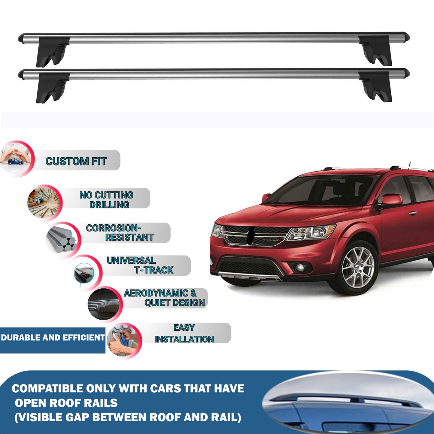 Lockable Roof Rack Cross Bars for Dodge Journey 2009-2020 | Heavy Duty Rail Carrier 2 Pcs Grey