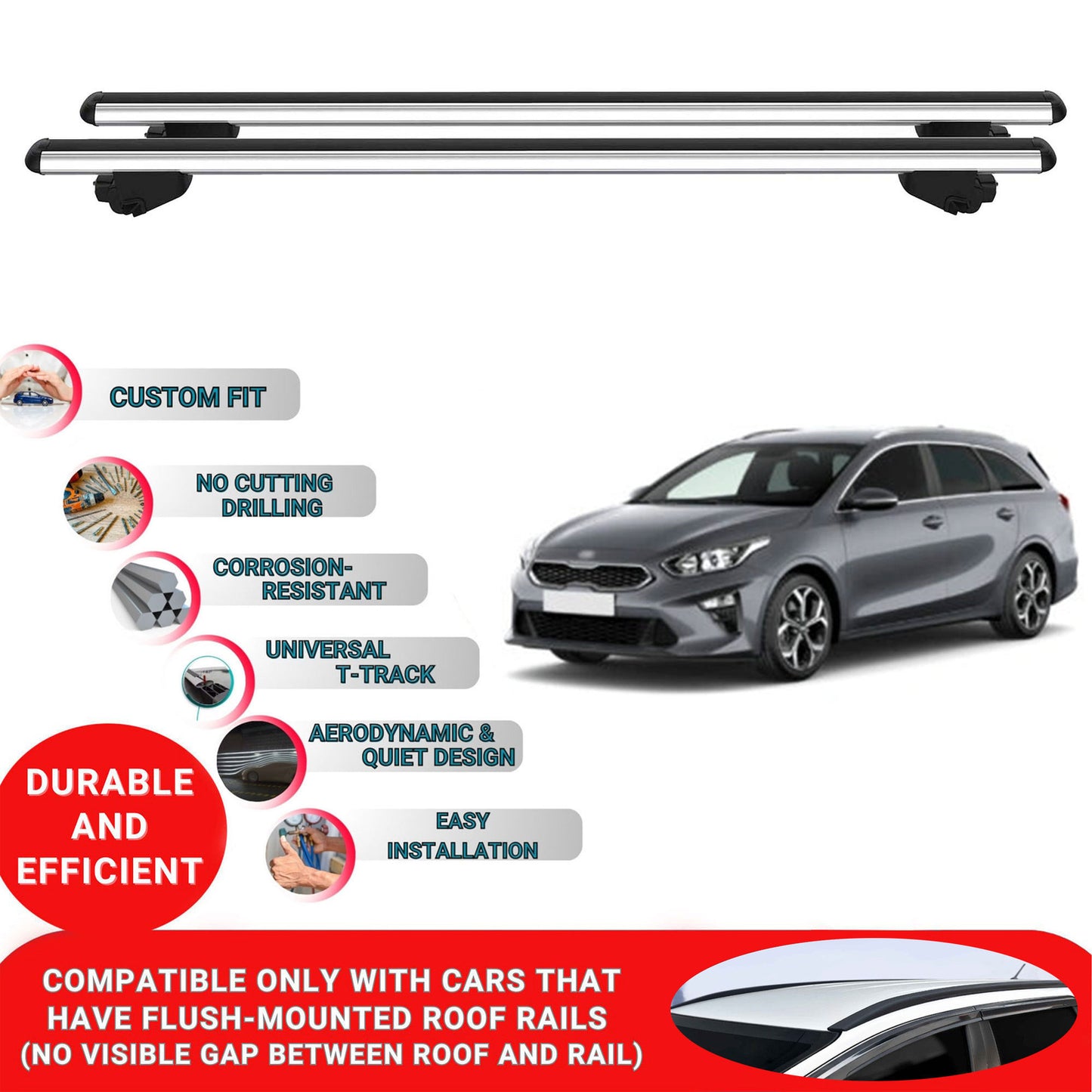 Roof Bars For Kia Cee'D Ceed Estates 2018-2023 Roof Rack Cross Bars 2 Pcs Grey