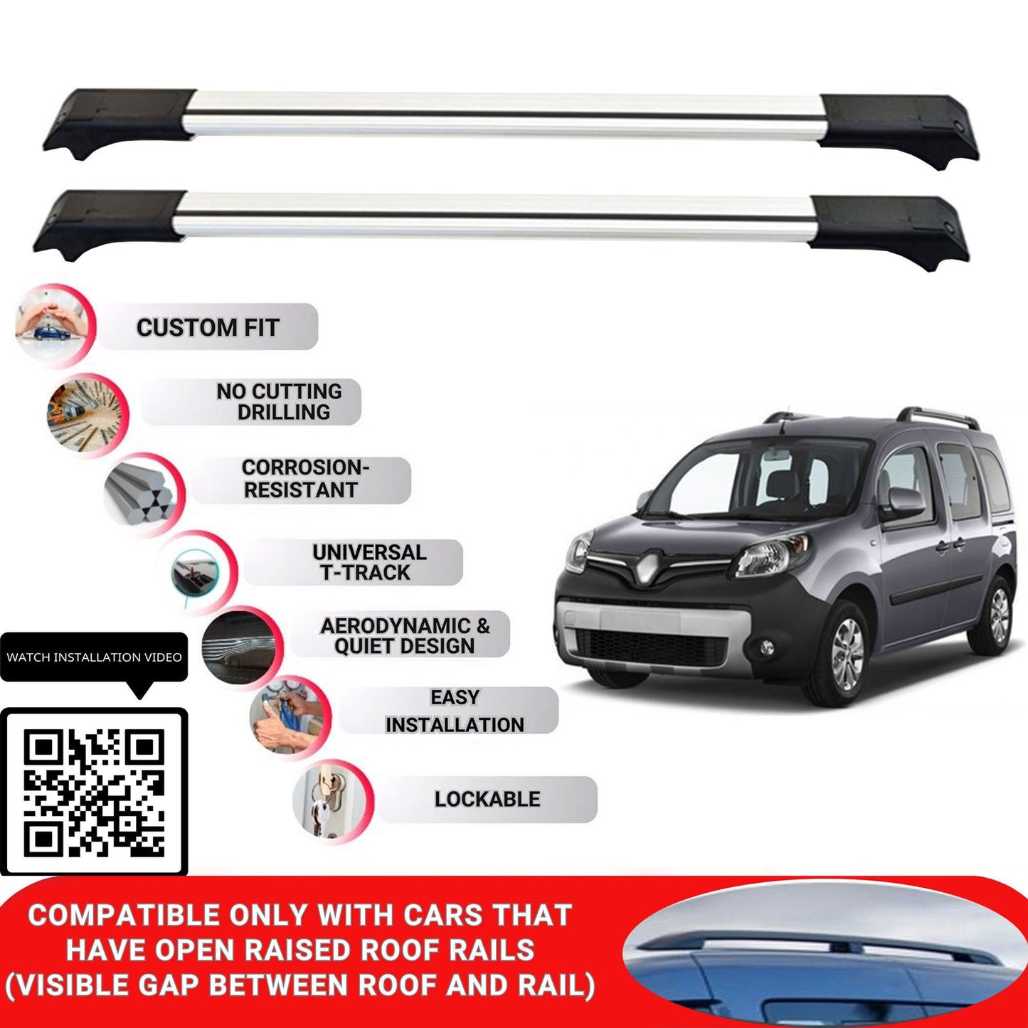 Roof Rack Cross Bars for Renault Kangoo 2008-2021 Lockable Roof Bars 2 Pcs Grey