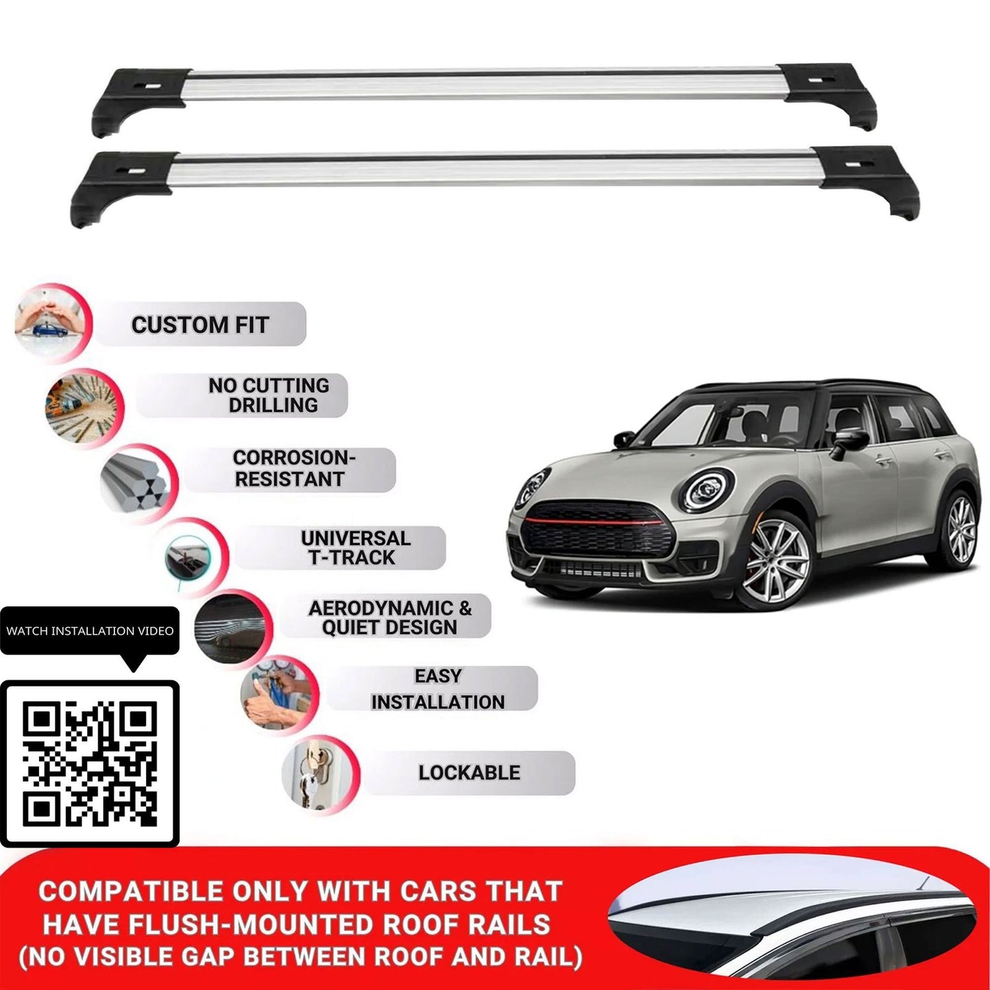 Roof Bars for Mini Clubman 2016-2024 Lockable Roof Rack Cross Bars 2 Pcs Grey