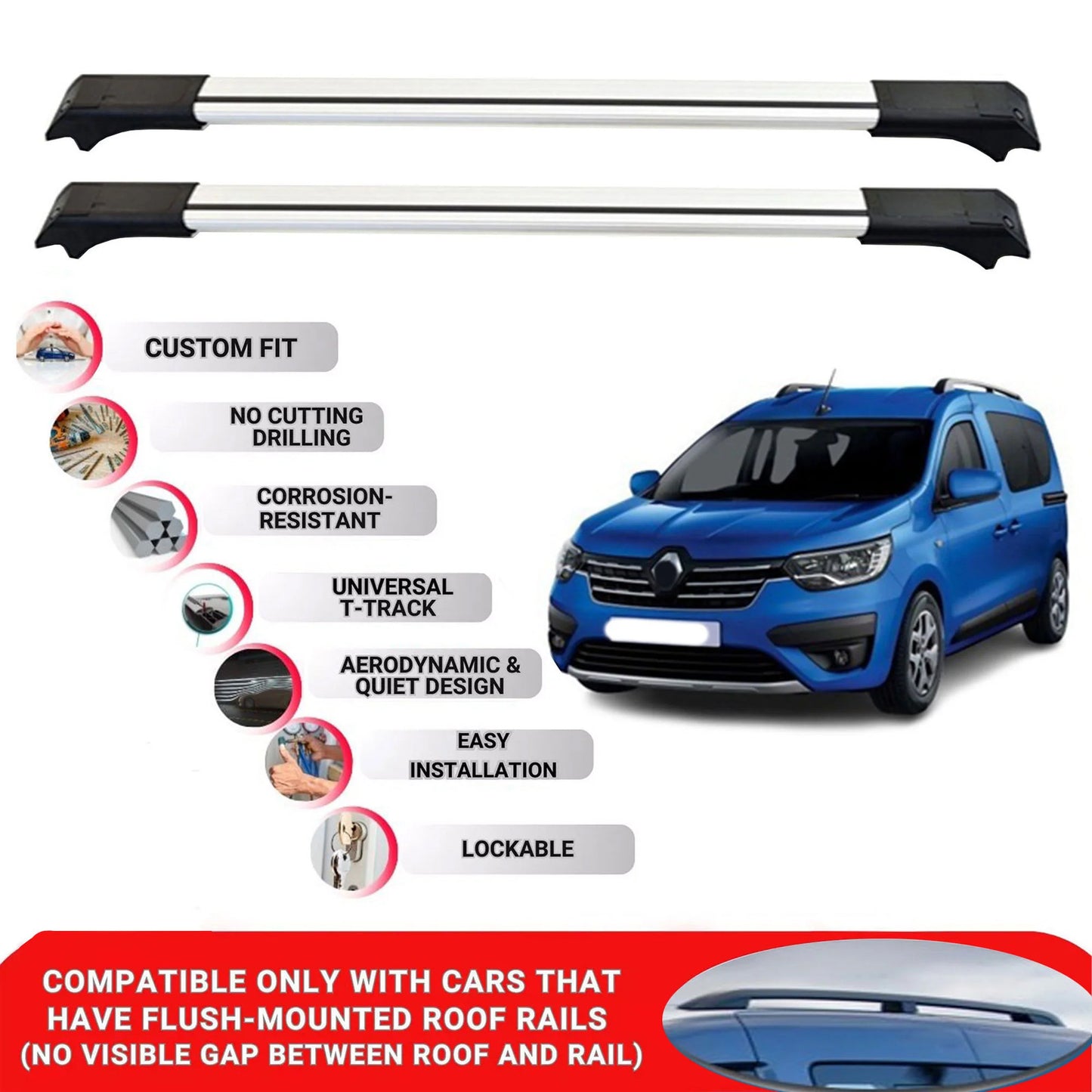 2X Car Roof Rack Cross Barfor Renault Express 2021-2025 Lockable Roof Bars Grey