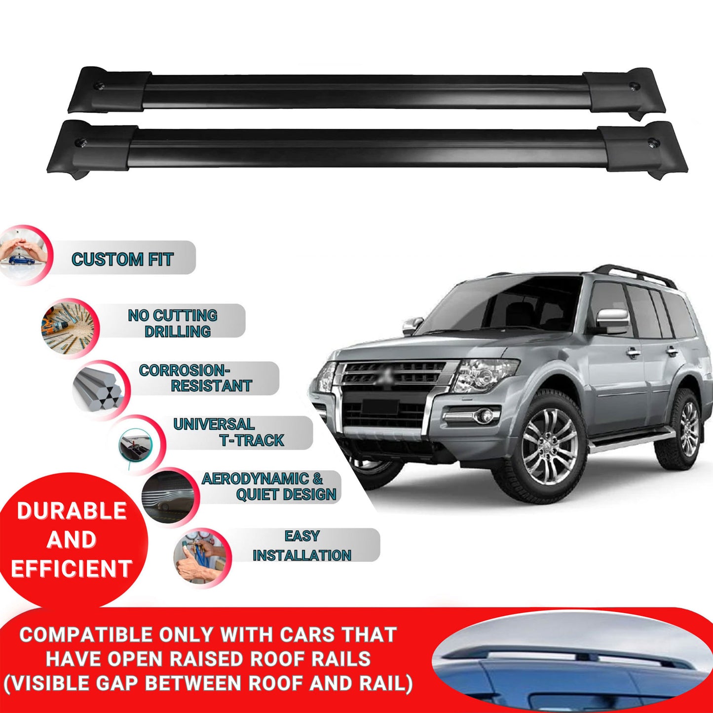 Roof Racks Cross Bars For Mitsubishi Pajero V80 2007-2021 2 Pcs Black