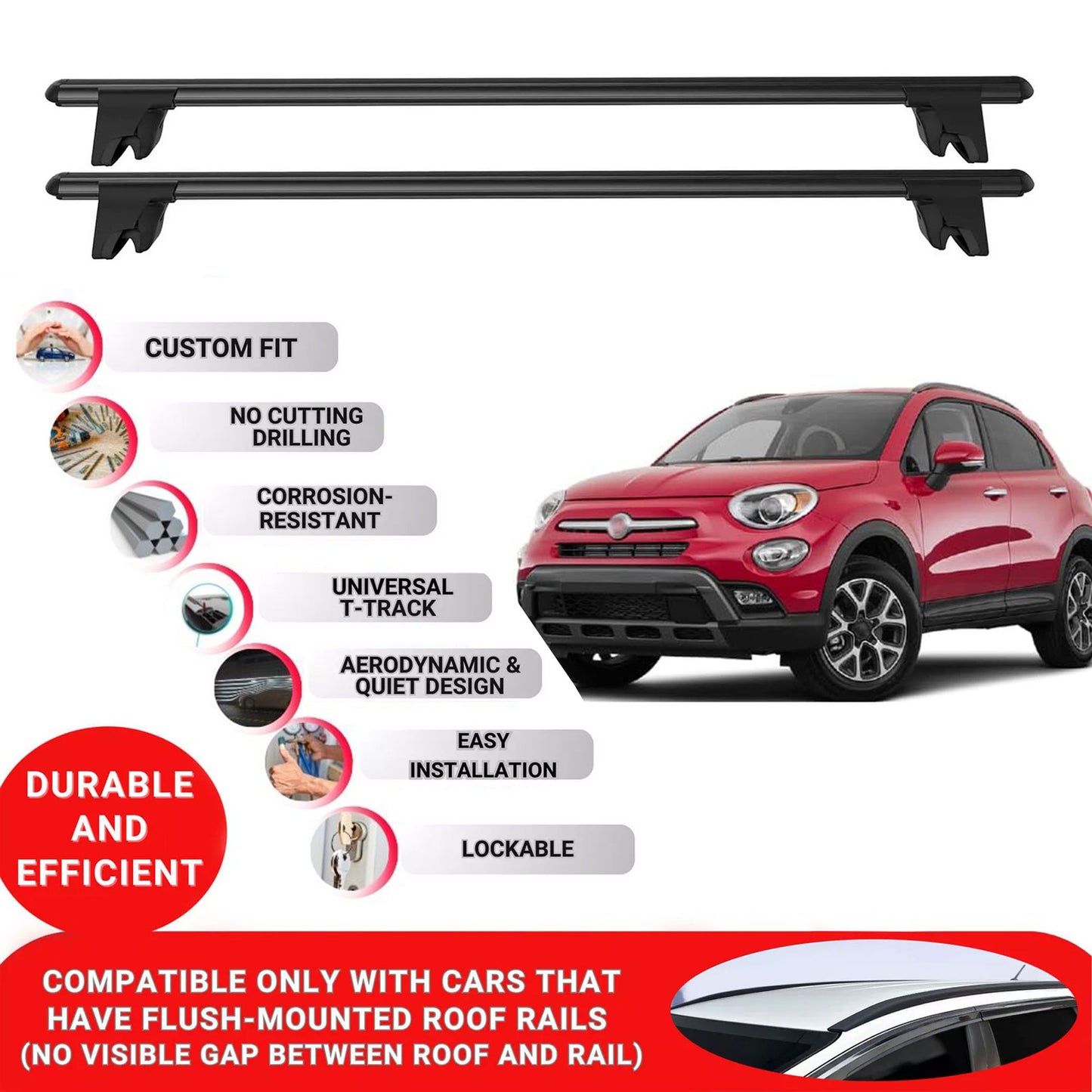Premium Roof Bars for Fiat 500X 2014-2023; Lockable Roof Rack Cross Bars 2 Pcs Black