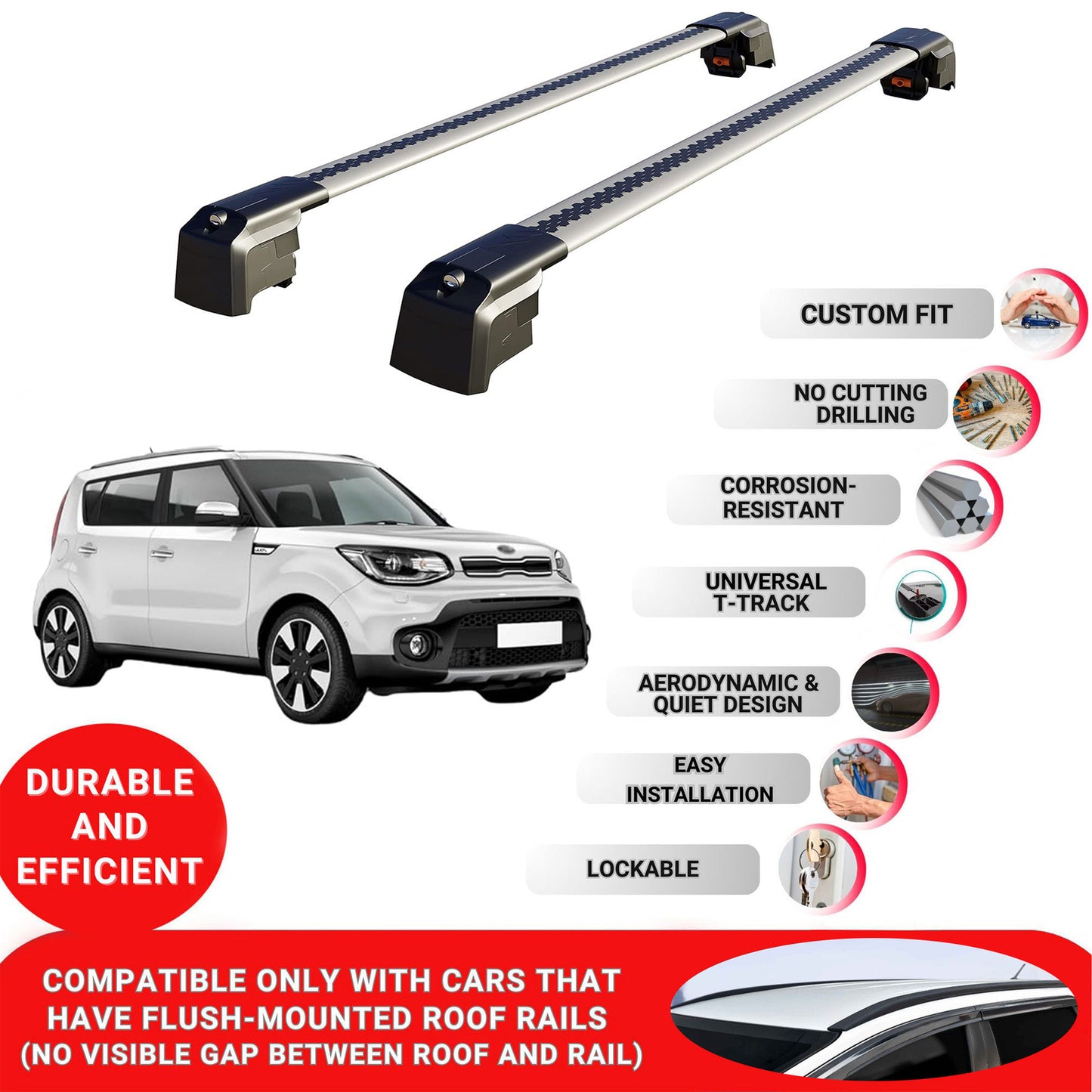 Roof Bars Rack for Kia Soul (PS) 2014-2019 Lockable Rail Carrier 2 Pcs Grey