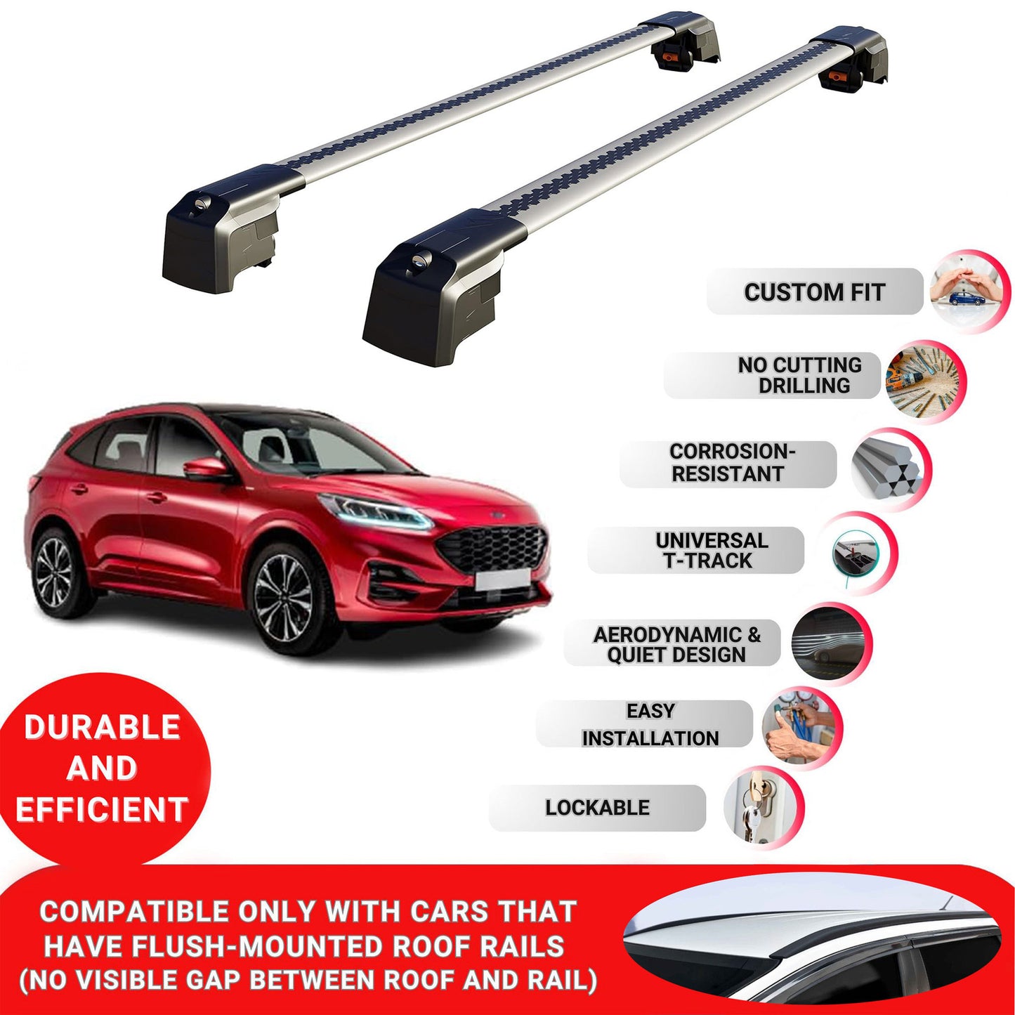 Roof Bars Rack for Ford Kuga 2020+ Lockable Rail Carrier 2 Pcs Grey