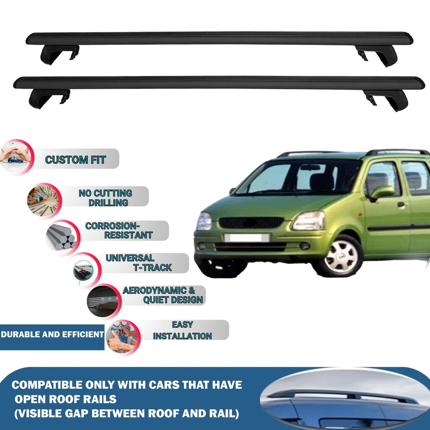 Roof Rack Cross Bars for Opel Agila 2000-2008 Rail Carrier for Roof Tents 2 Pcs Black