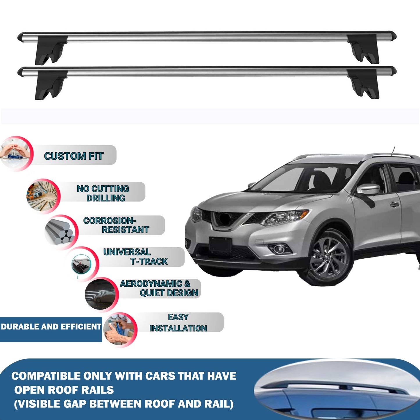 Lockable Roof Rack Cross Bars for Nissan Rougue 2014-2020 | Heavy Duty Rail Carrier 2 Pcs Grey