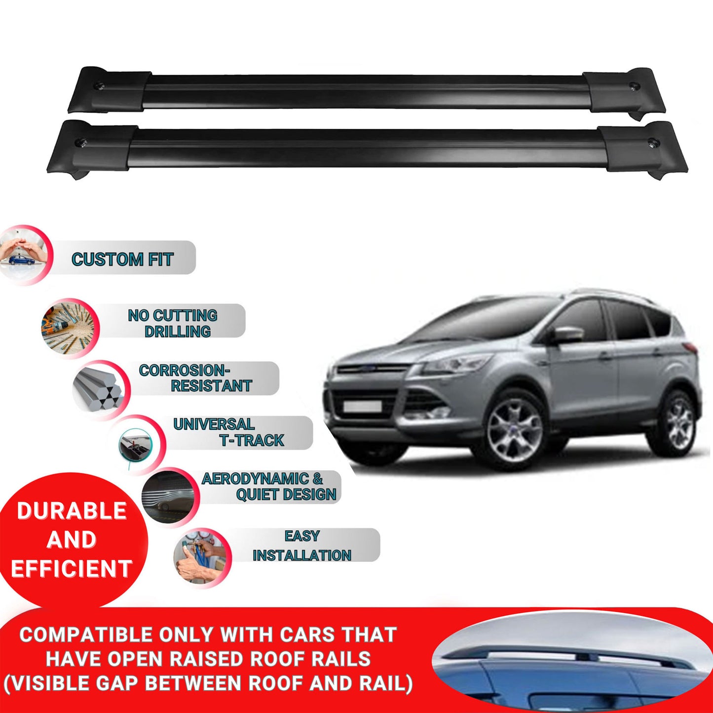 Roof Racks Cross Bars For Ford Kuga 2 (C520) 2013-2018 2 Pcs Black