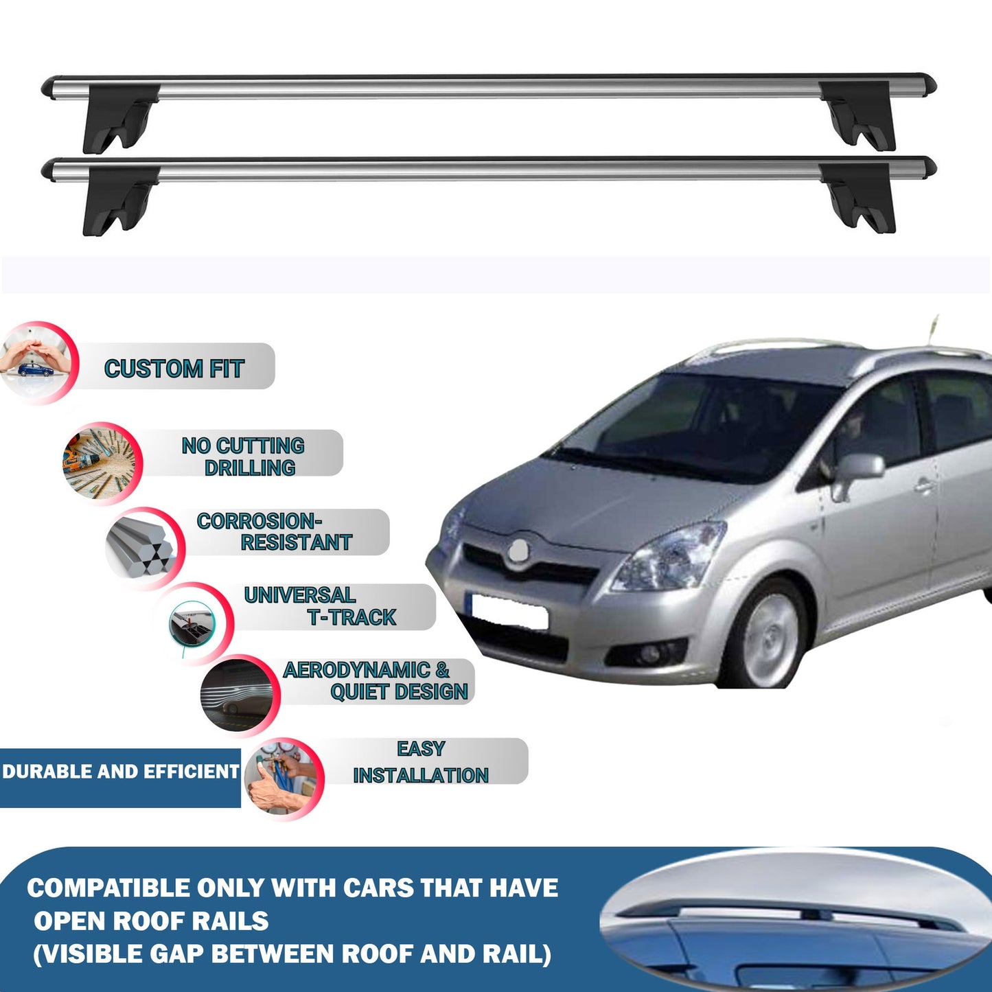 Lockable Roof Rack Cross Bars for Toyota Corolla Verso 2002-2009 | Heavy Duty Rail Carrier 2 Pcs Grey