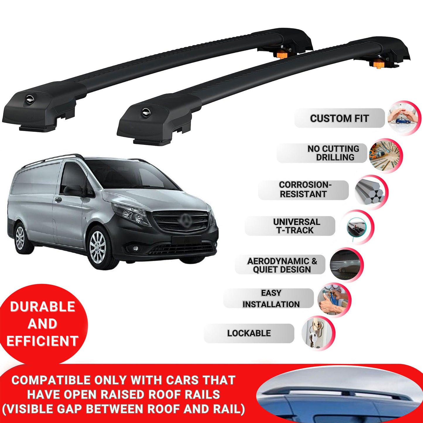 Roof Bar for Mercedes-Benz Vito W447 2015-2024 Lockable Roof Rack Cross Bars 2 Pcs Black