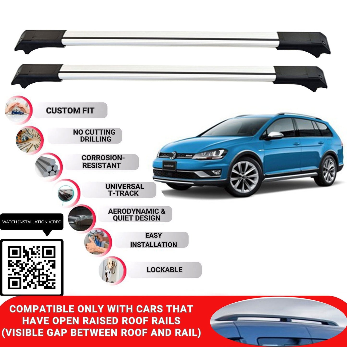 Roof Rack Cross Bars for Vw Golf Alltrack(Canada) 2015-2020 Lockable 2 Pcs Grey