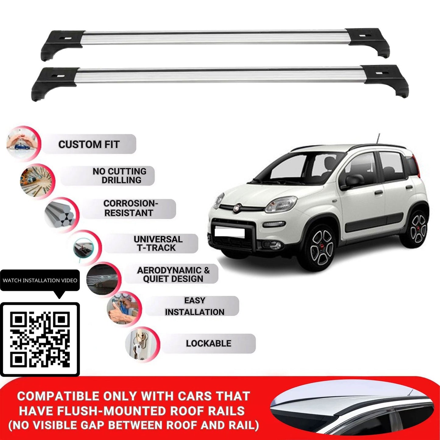 Roof Bars for Fiat Panda Hatchback 2012+ Lockable Roof Rack Cross Bars 2 Pcs Grey