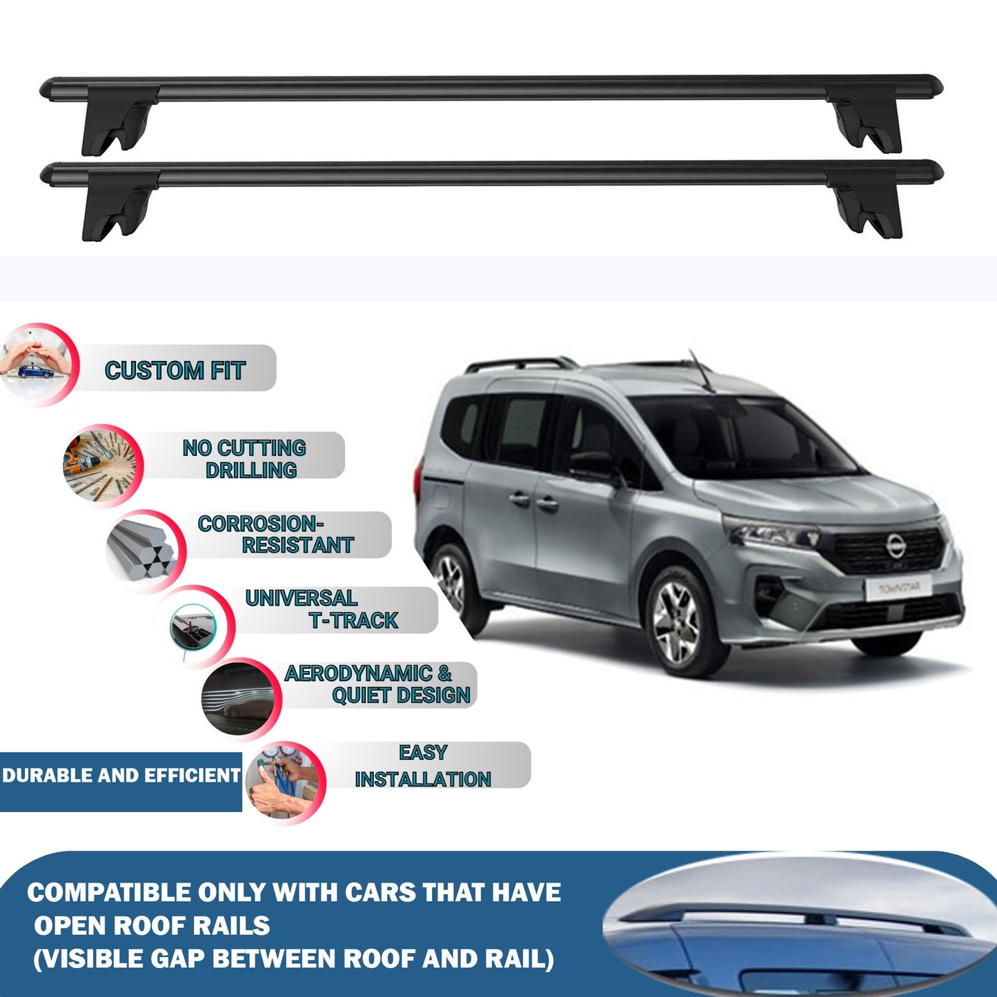 Lockable Roof Rack Cross Bars for Nissan Townstar Combi/Van 2022+ | Heavy Duty Rail Carrier 2 Pcs Black