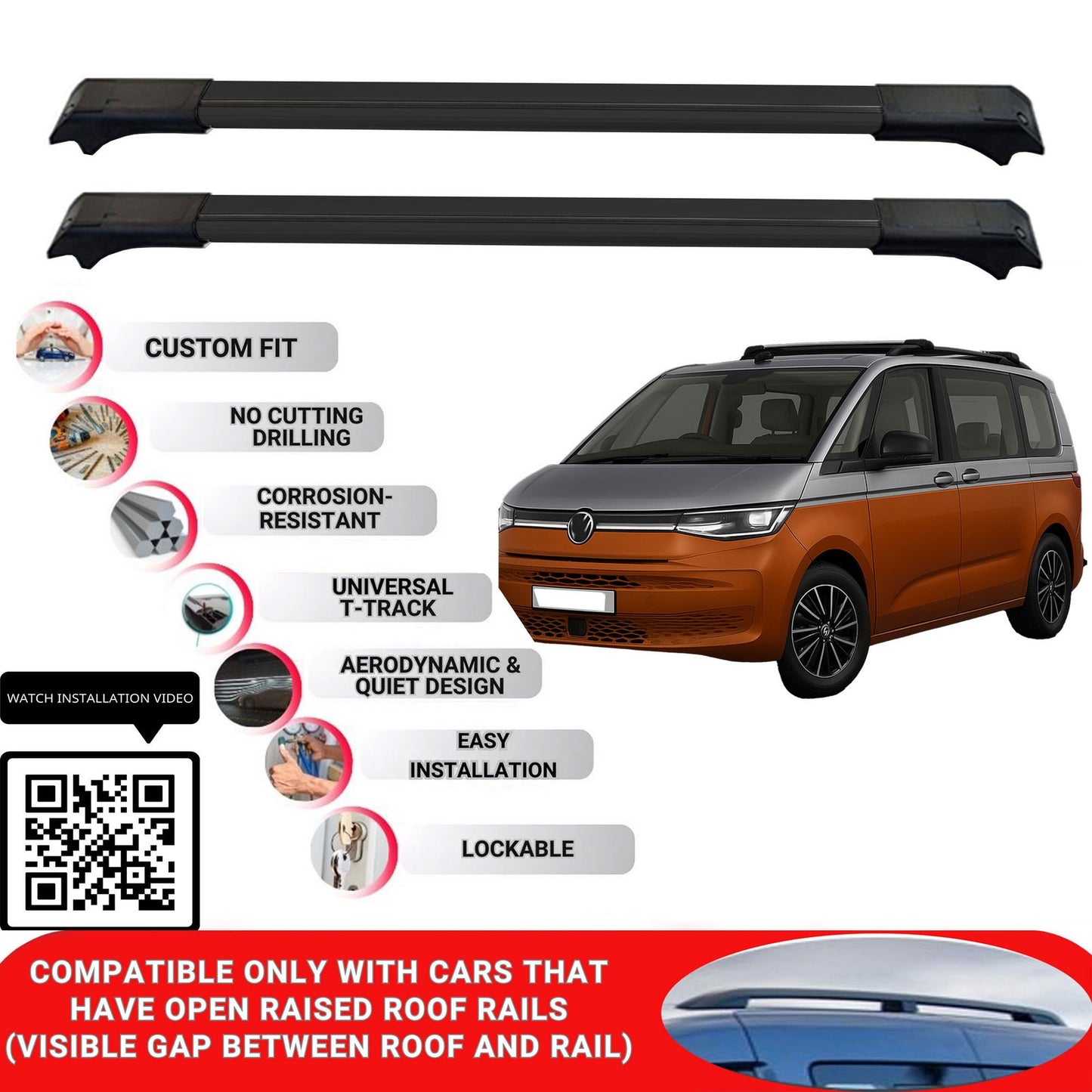Roof Rack Cross Bars for Vw Multivan (T7) 2022+ Lockable Roof Bars 2 Pcs Black