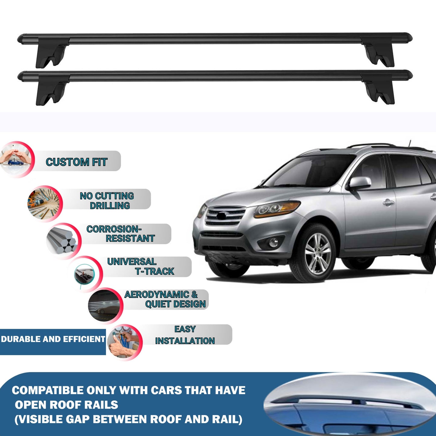 Lockable Roof Rack Cross Bars for Hyundai Santa Fe 2006-2012 | Heavy Duty Rail Carrier 2 Pcs Black