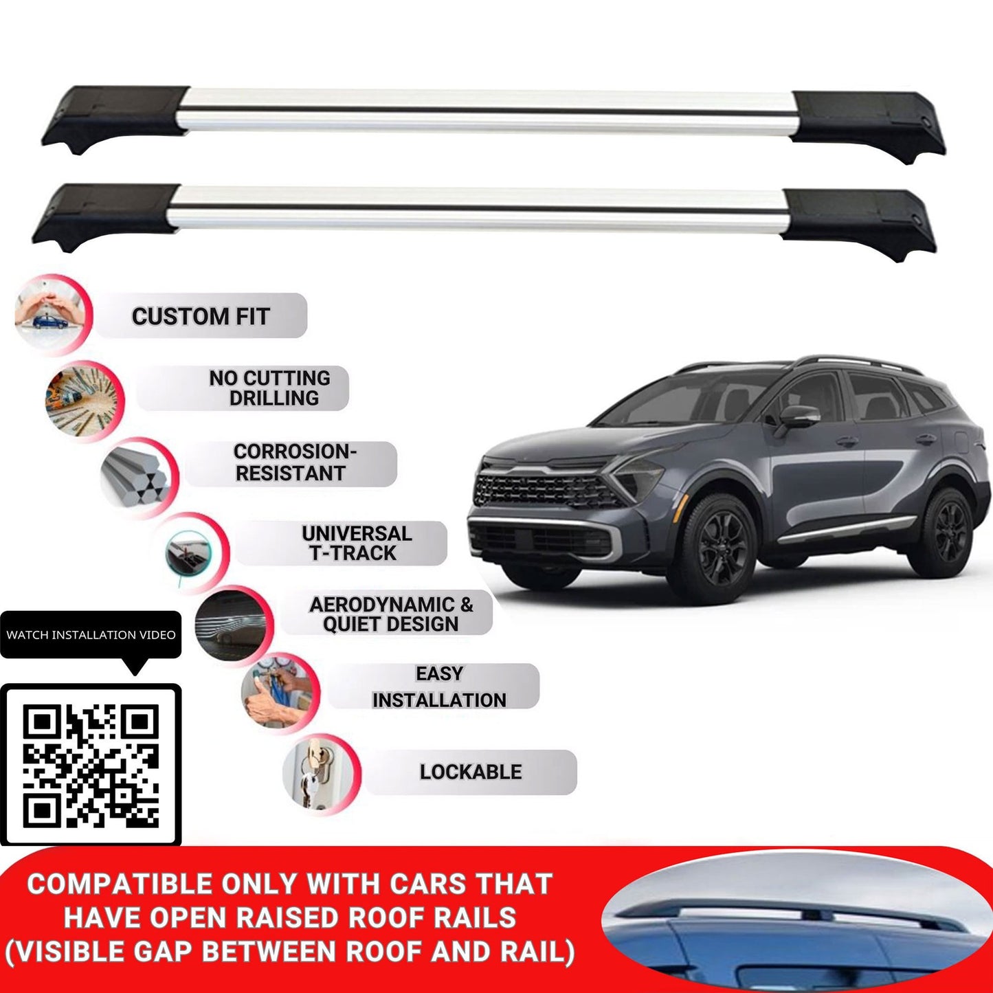 Roof Rack Cross Bars for Kia Sportage 2022+ Lockable Roof Bars 2 Pcs Grey