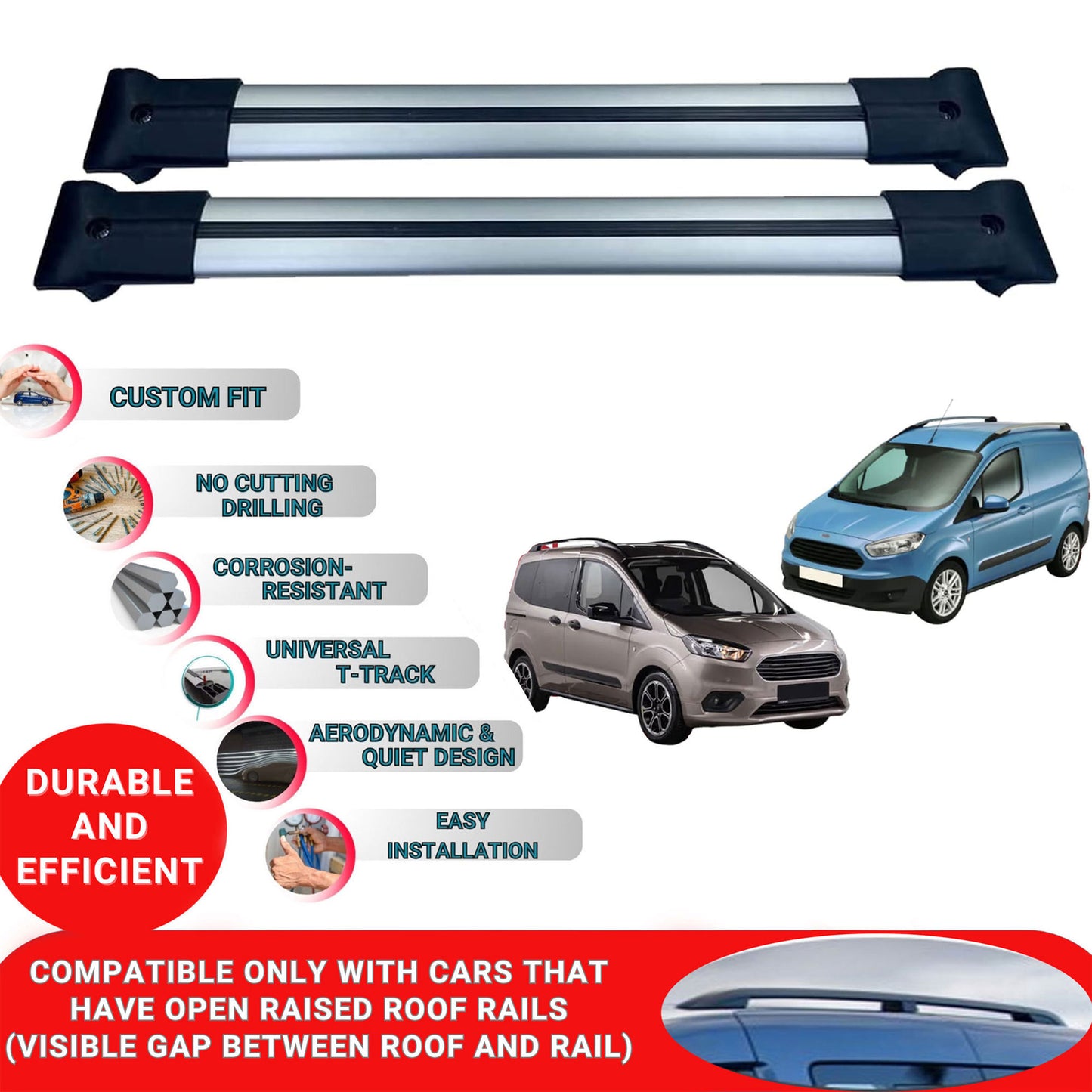 Roof Racks Cross Bars For Ford Tourneo Courier 2017-2023 2 Pcs Grey