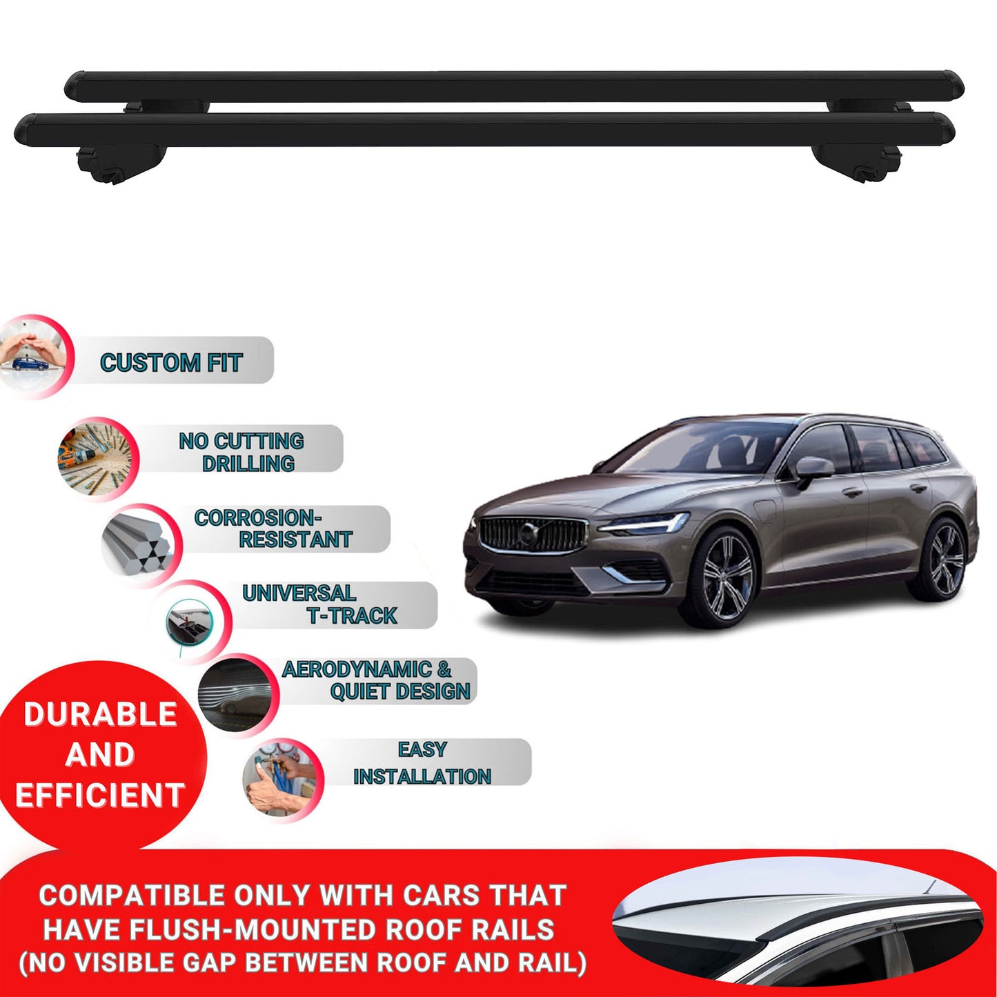 Roof Bars For Volvo V60 SW Estate 2019-2023 Roof Rack Cross Bars 2 Pcs Black