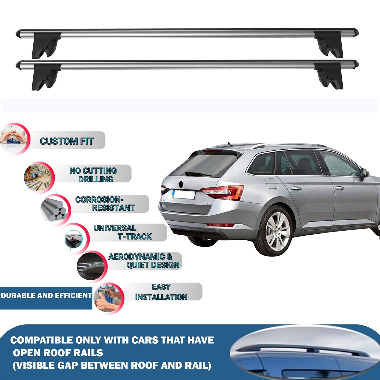 Lockable Roof Rack Cross Bars for Skoda Superb B8 Combi/Wagon 2016-2023 | Heavy Duty Rail Carrier 2 Pcs Grey