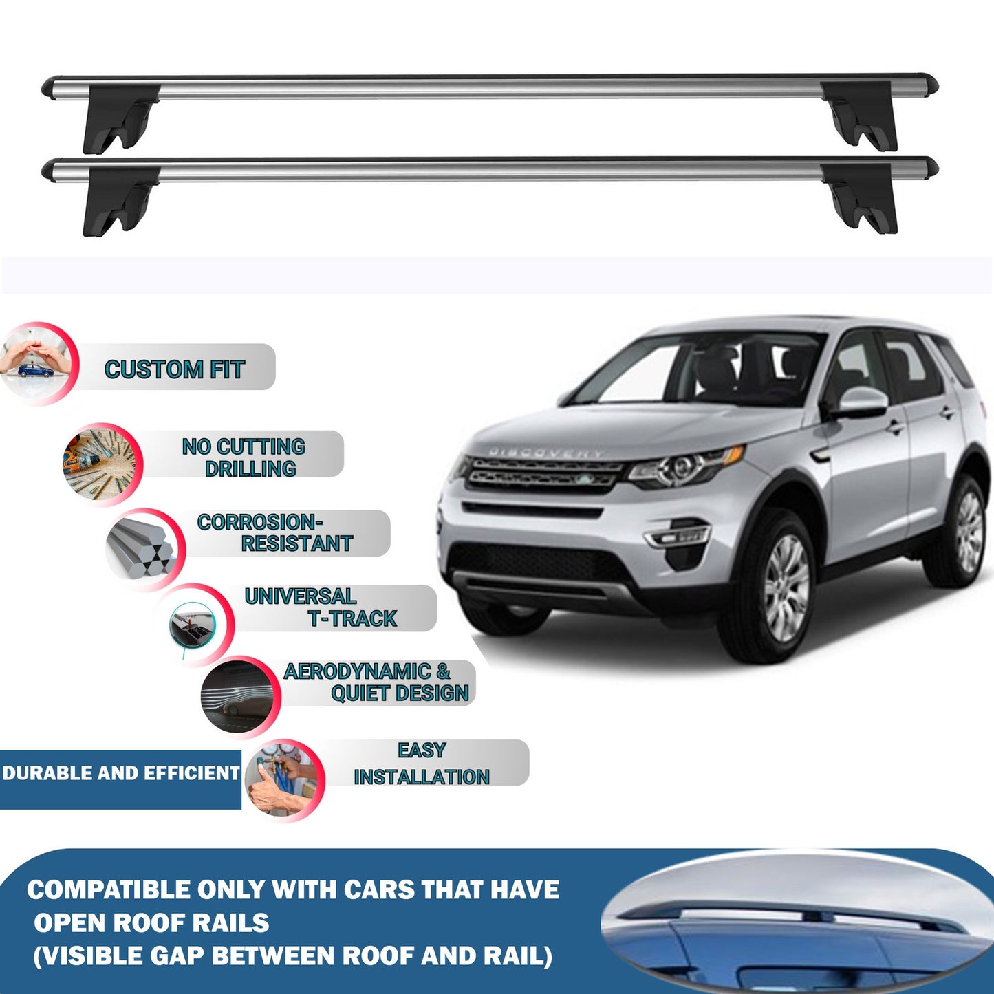 Lockable Roof Rack Cross Bars for Land Rover Discovery Sport 5D 2015-2019 | Heavy Duty Rail Carrier 2 Pcs Grey