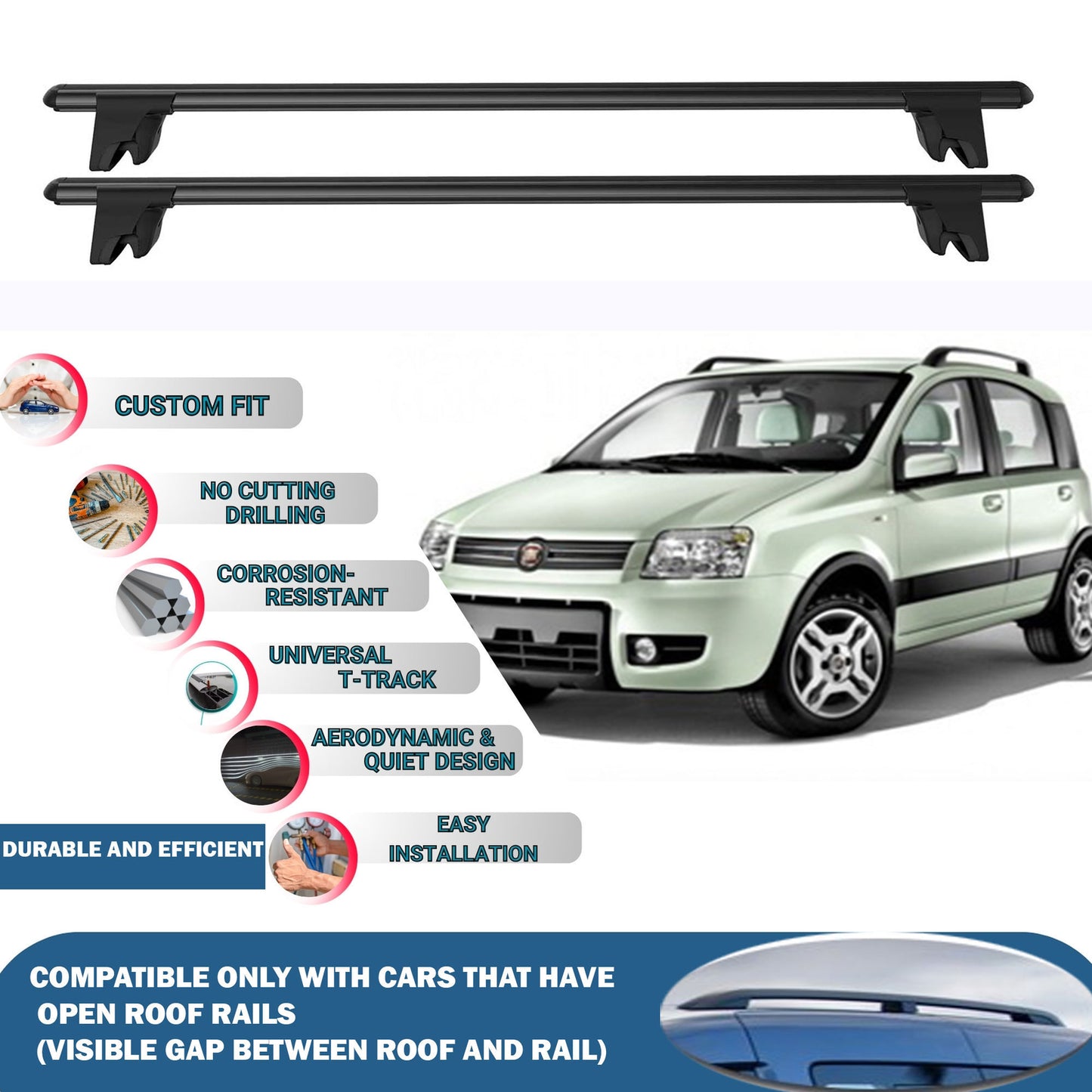 Lockable Roof Rack Cross Bars for Fiat Panda 2003-2012 | Heavy Duty Rail Carrier 2 Pcs Black