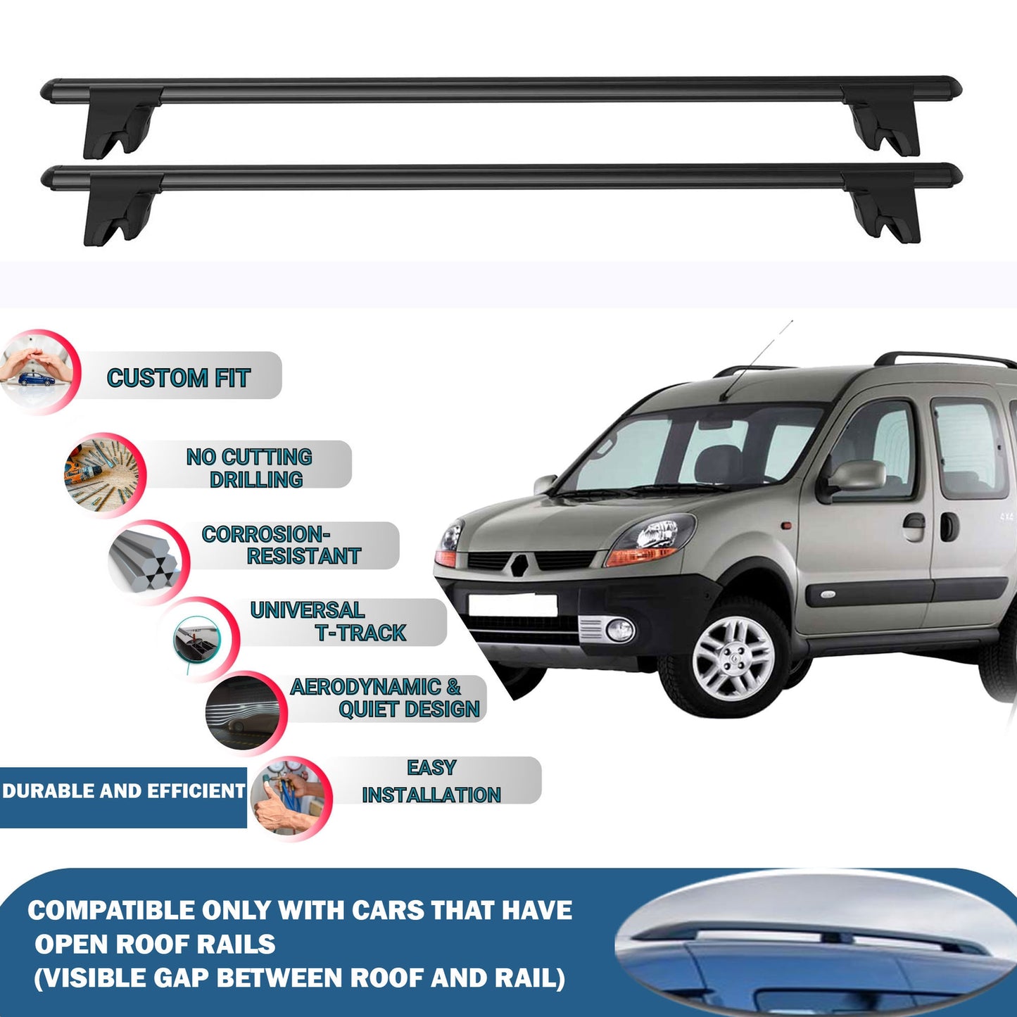 Car Roof Rack Cross Bars for Renault Kangoo 2004-2008 Kayak Roof Rack 4Pcs Black