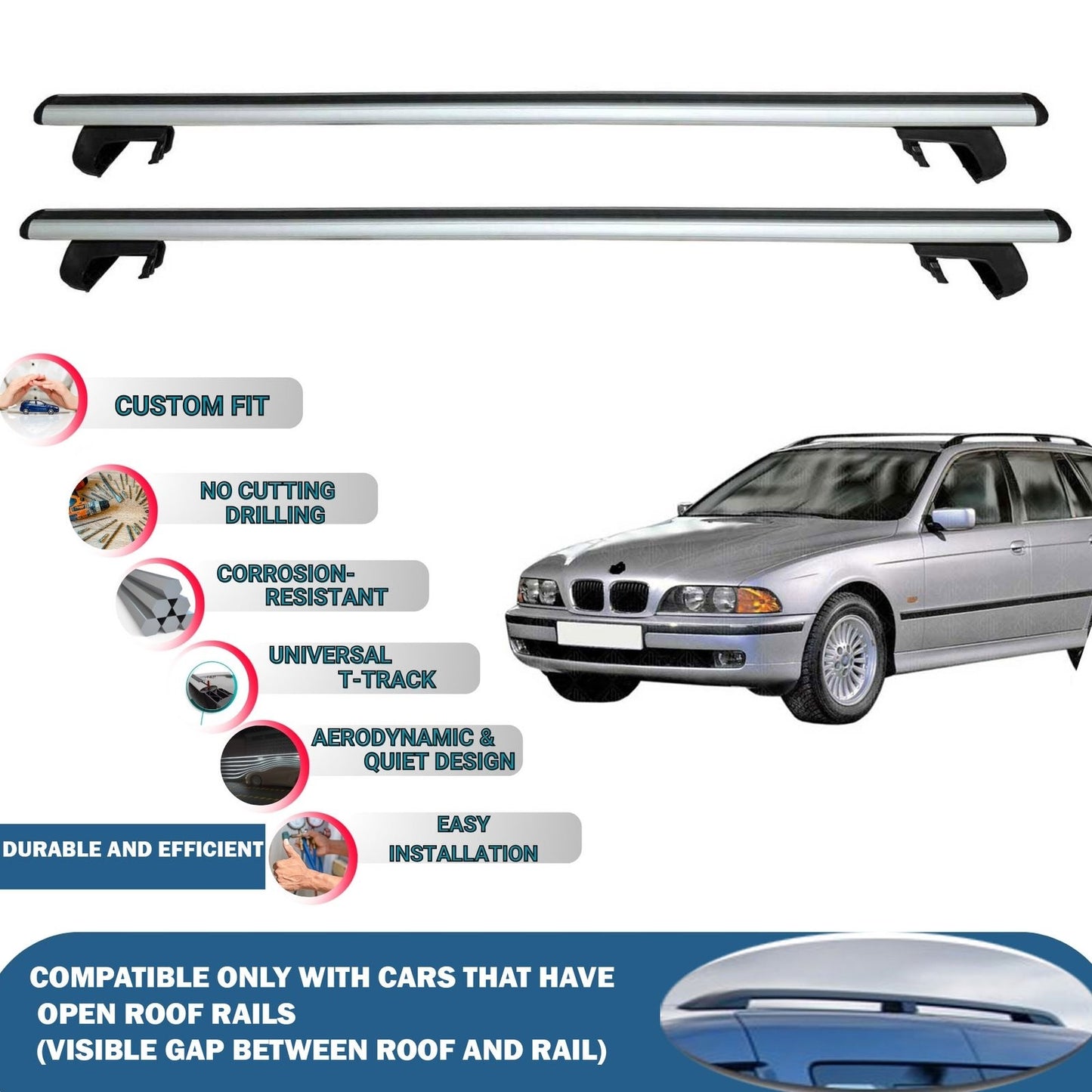 Roof Rack Cross Bars for BMW 5 Series E39 Touring 1997-2000 Rail Carrier for Roof Tents 2 Pcs Grey