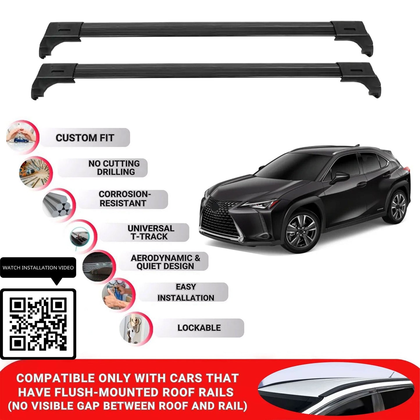 Roof Bars for Lexus Ux-Series 2019+ Lockable Roof Rack Cross Bars 2 Pcs Black
