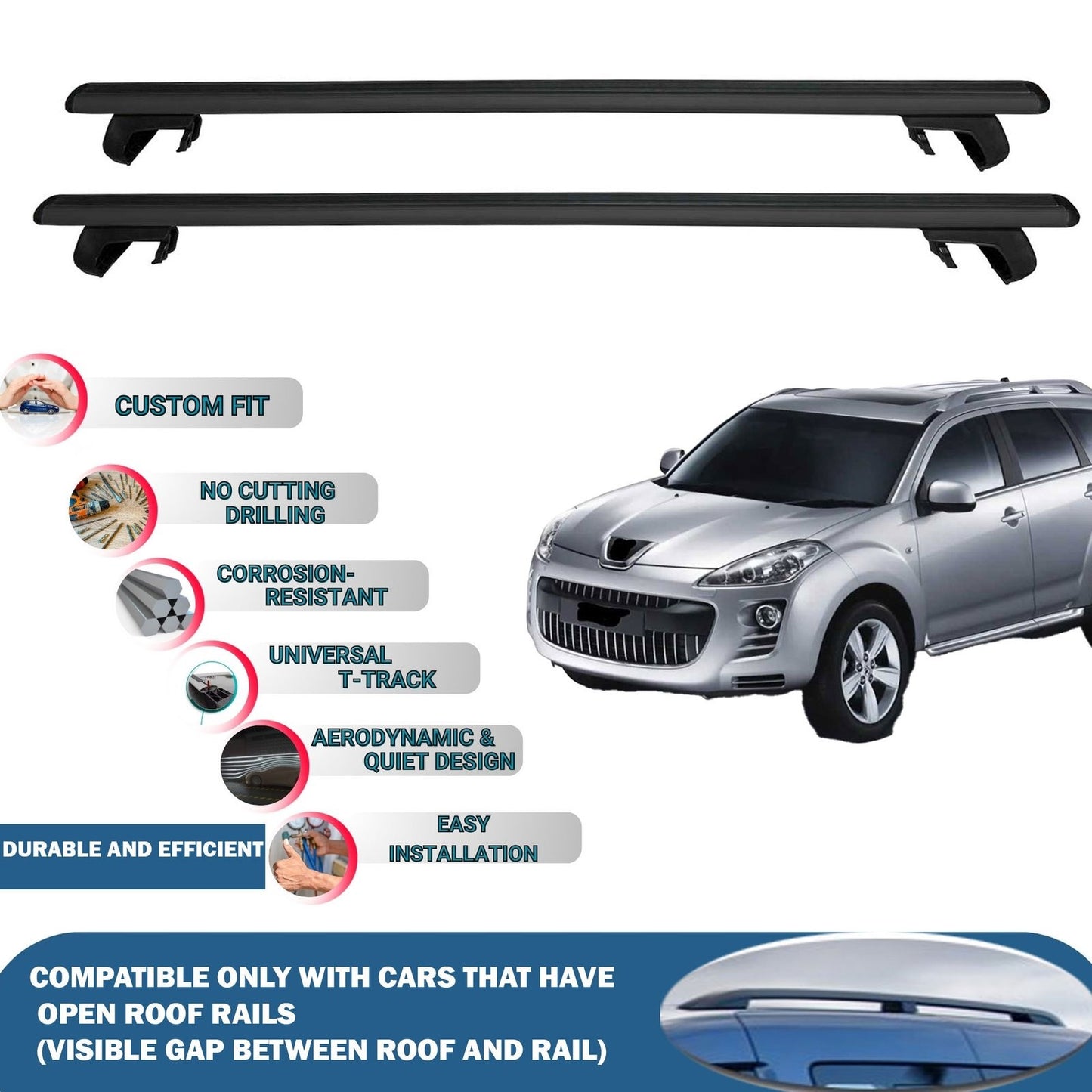 Roof Rack Cross Bars for Peugeot 4007 2008-2012 Rail Carrier for Roof Tents 2 Pcs Black