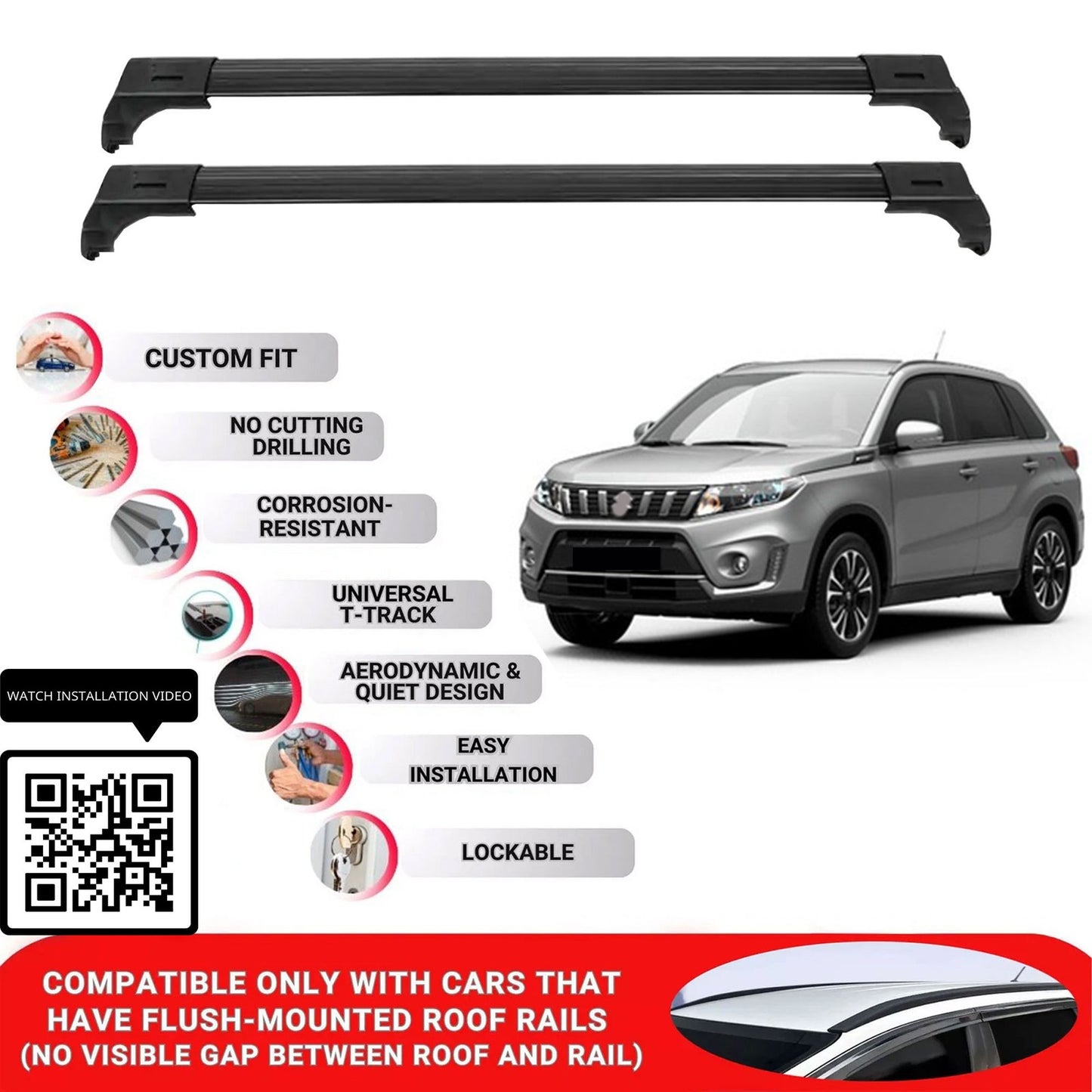 Roof Bars for Suzuki Vitara 2015+ Lockable Roof Rack Cross Bars 2 Pcs Black
